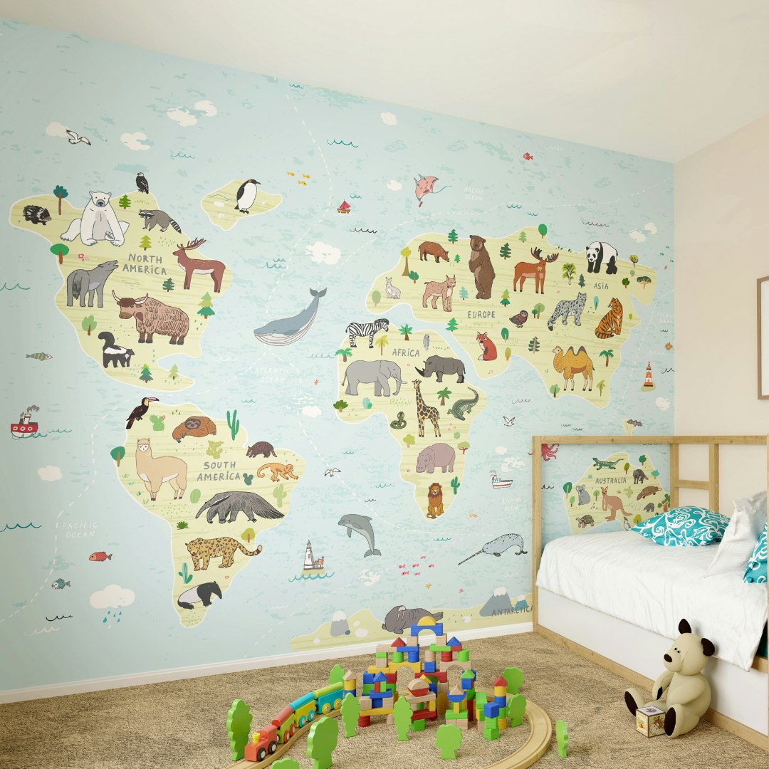 Origin Murals Blue Children's World Map Wall Mural - Large - W350cm X H280cm