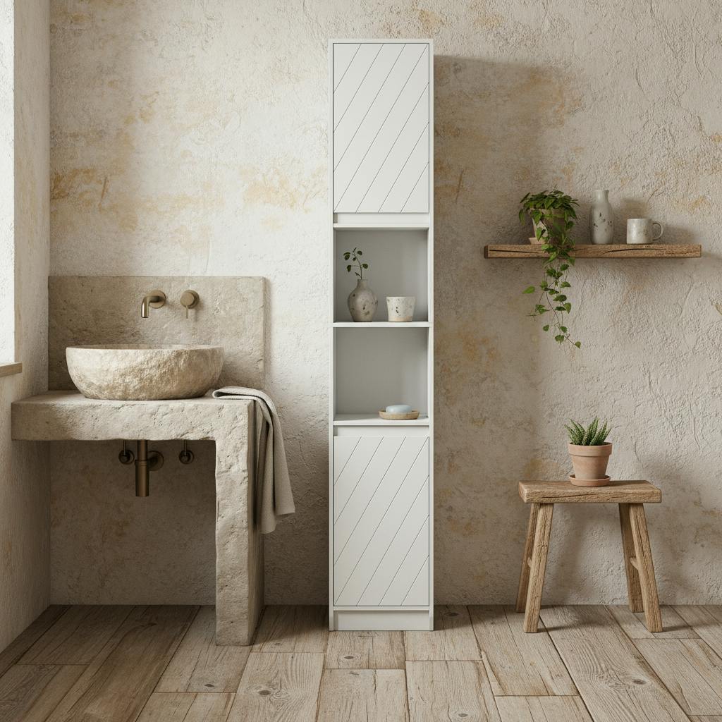 Wyld Haus White Fibava Slim Freestanding Bathroom Storage Cabinet With Ofauxn Compartment Adjustable Shelves 30 X 24 X 170 Cm