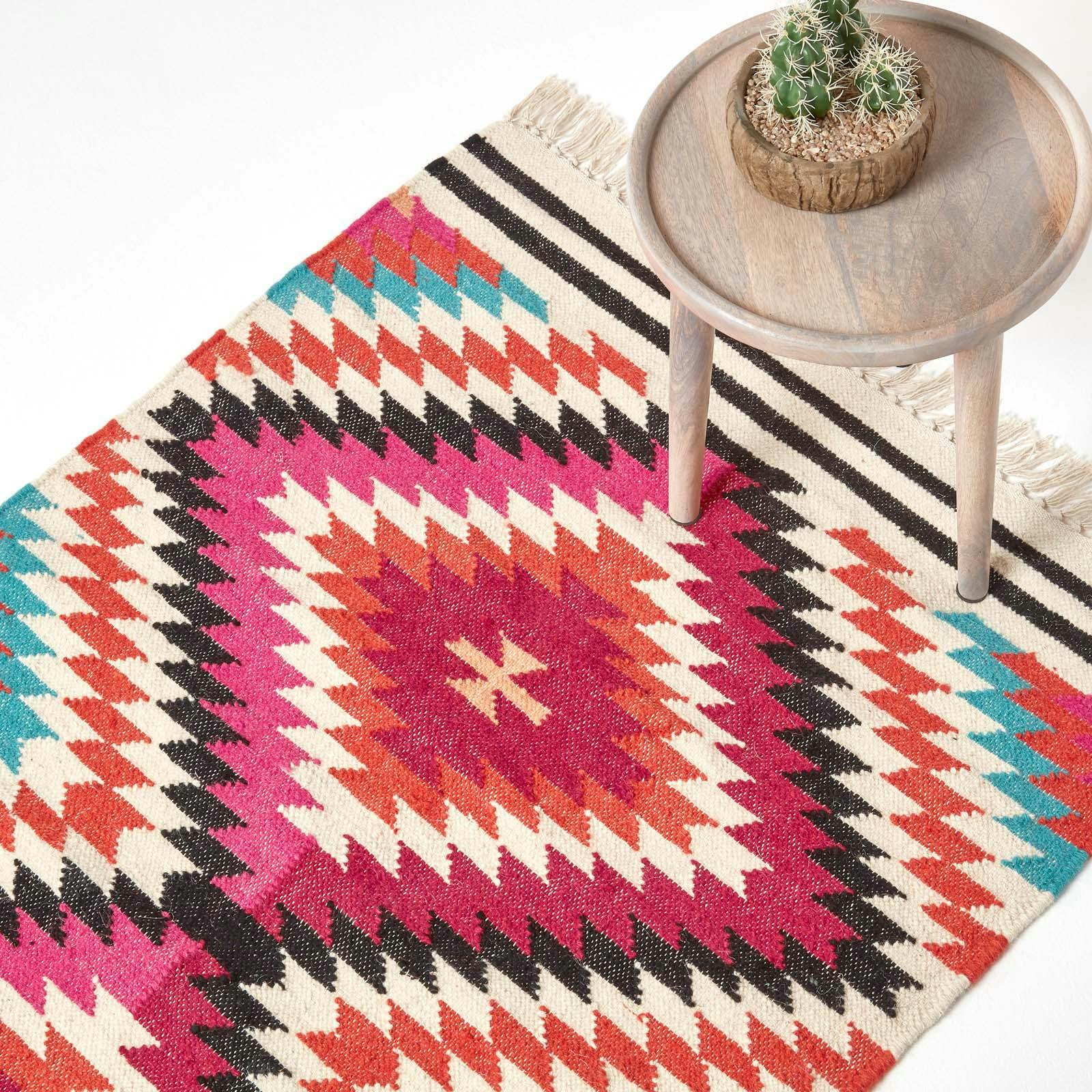 Rackhams Pink/Orange/Blue Manila Handwoven Diamond Kilim Wool Rug - 120 X 170 Cm