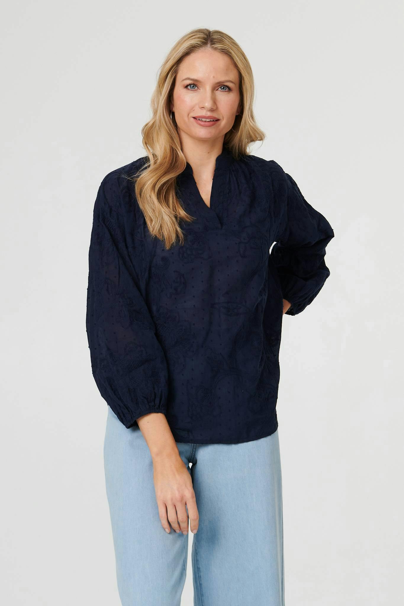 Izabel London Embroidered Layered Long Sleeve Blouse - 18 - Navy