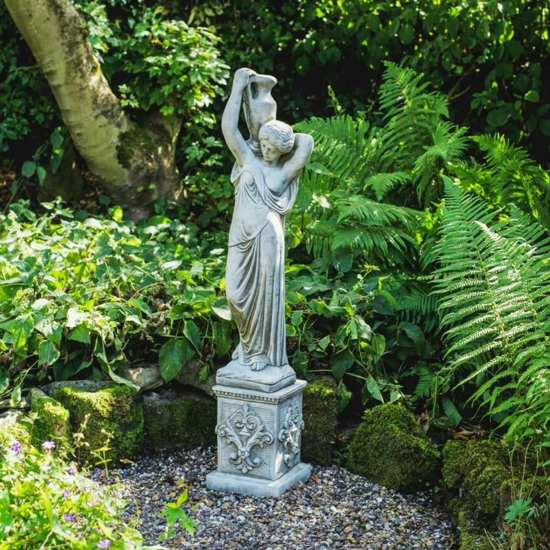 Rackhams Girls Classic Stone Cast Statue With An Urn And Decorative Square Plinth