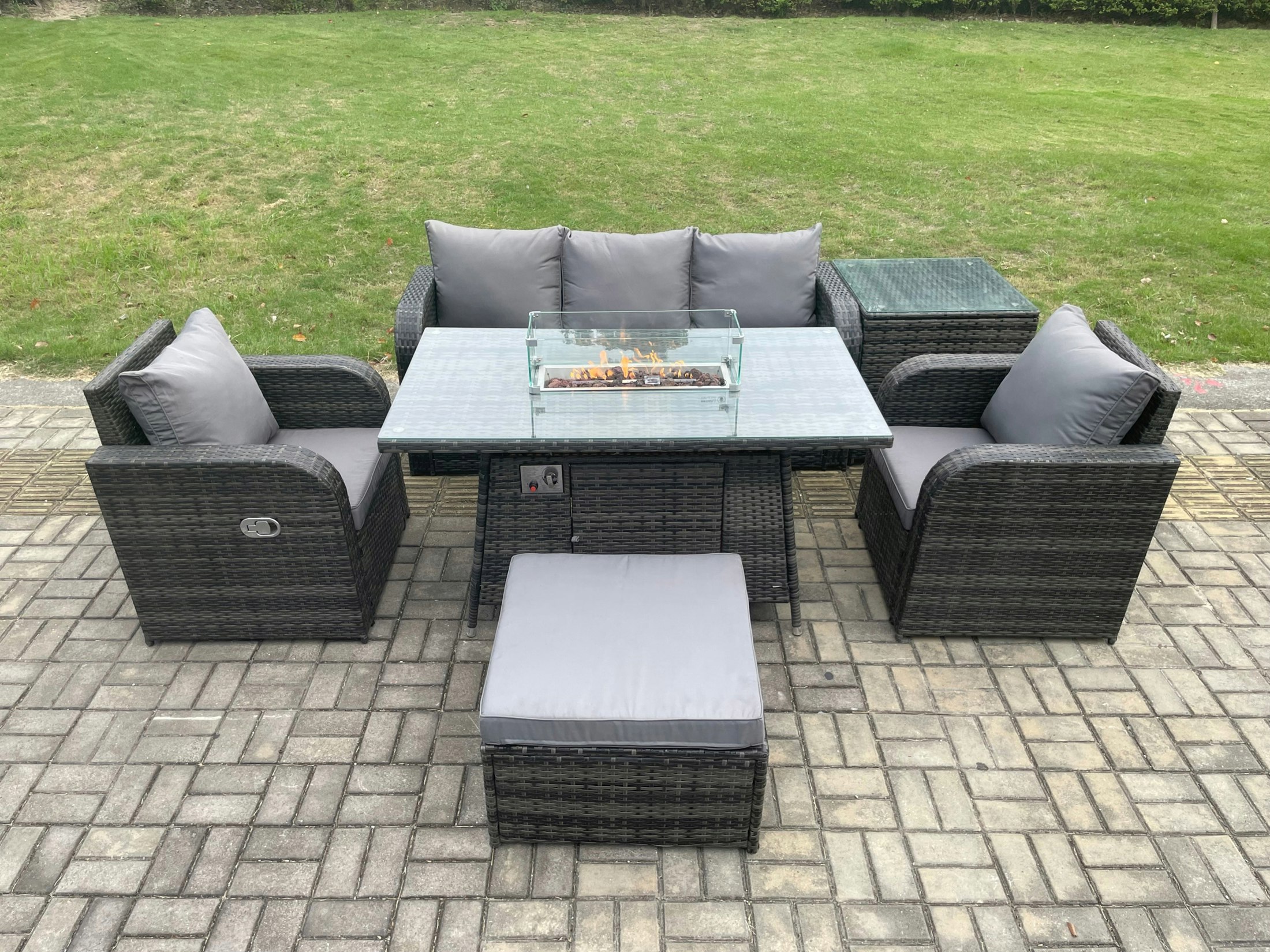 Fimous Dark/Grey Patio Outdoor Rattan Garden Furniture Set Propane Gas Fire Pit Table Burner With Lounge Sofa Side Table Footstool