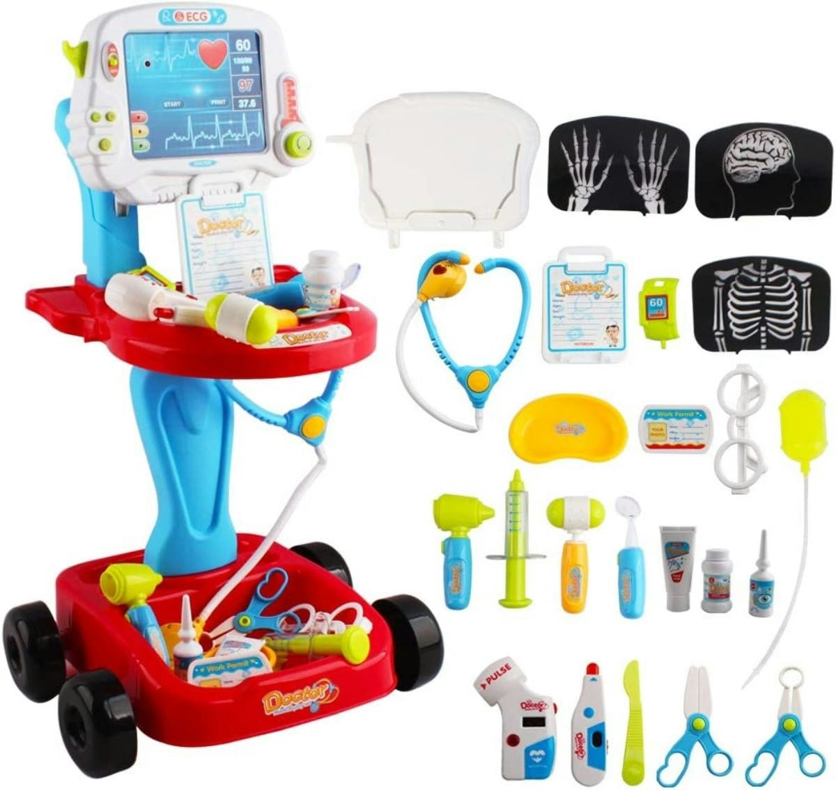 Deao Toys Red 17 Pcs Rich Pretend Kids Doctors Playset Little Doctors Trolley Kit - 3+