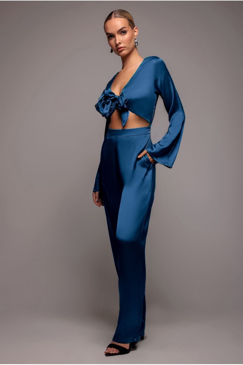 Goddiva Women's Dark/Blue Cut Out Satin Jumpsuit - Navy By - Navy - 8