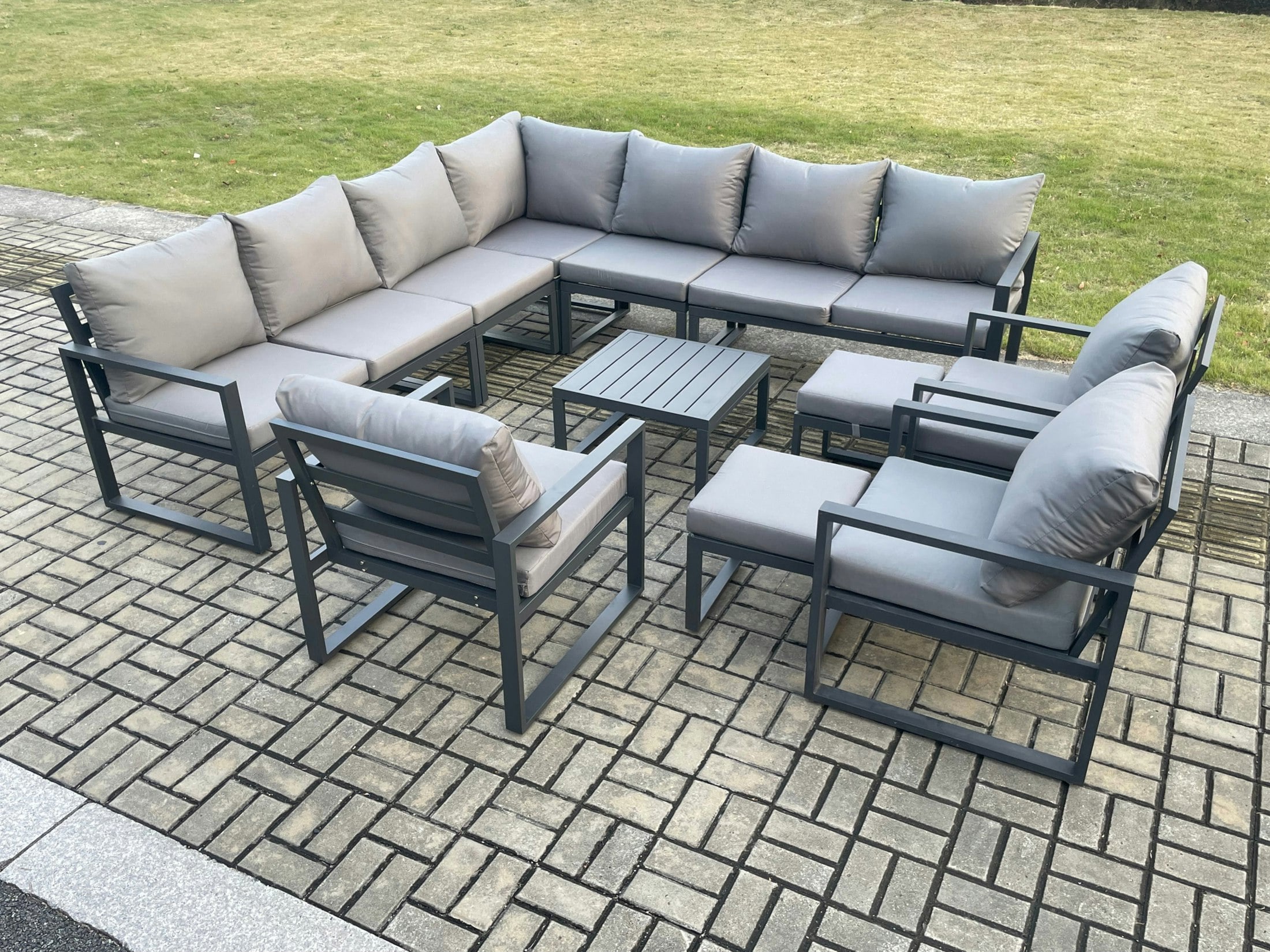 Rackhams Dark/Grey Aluminium Outdoor Garden Furniture Set Lounge Corner Sofa 3 Pcs Chair Square Coffee Table Sets With 2 Small Footstools