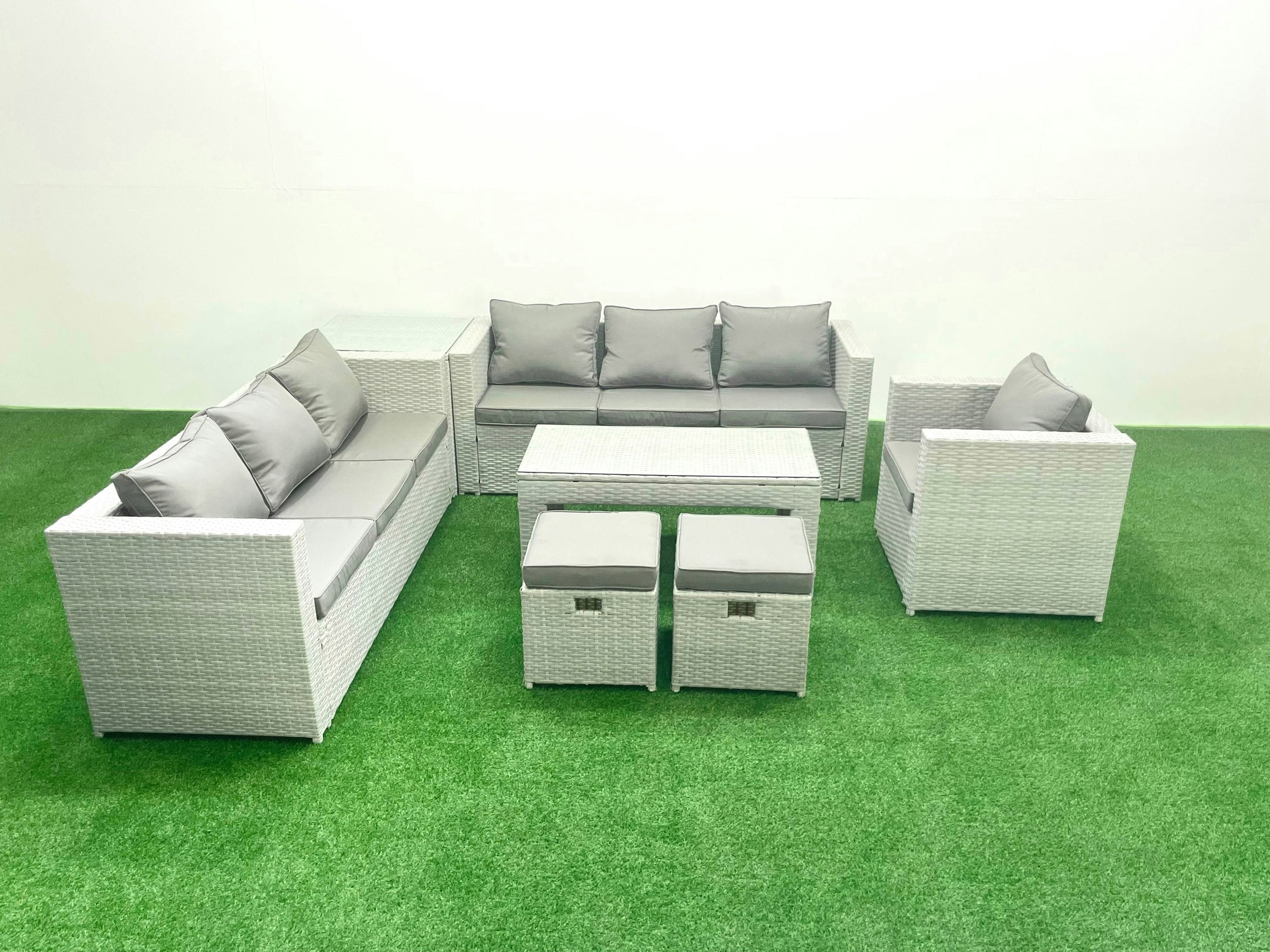 Fimous Light/Grey Wicker Pe Rattan Sofa Garden Furniture Set With Oblong Coffee Table Armchair 2 Small Footstools Side Table Mixed