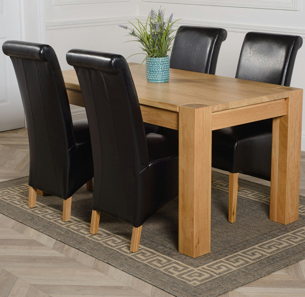 Oak Dining Table & 4 Black Leather Chairs Set - 150x85cm - Chunky Medium Oak - Kuba - Image 3