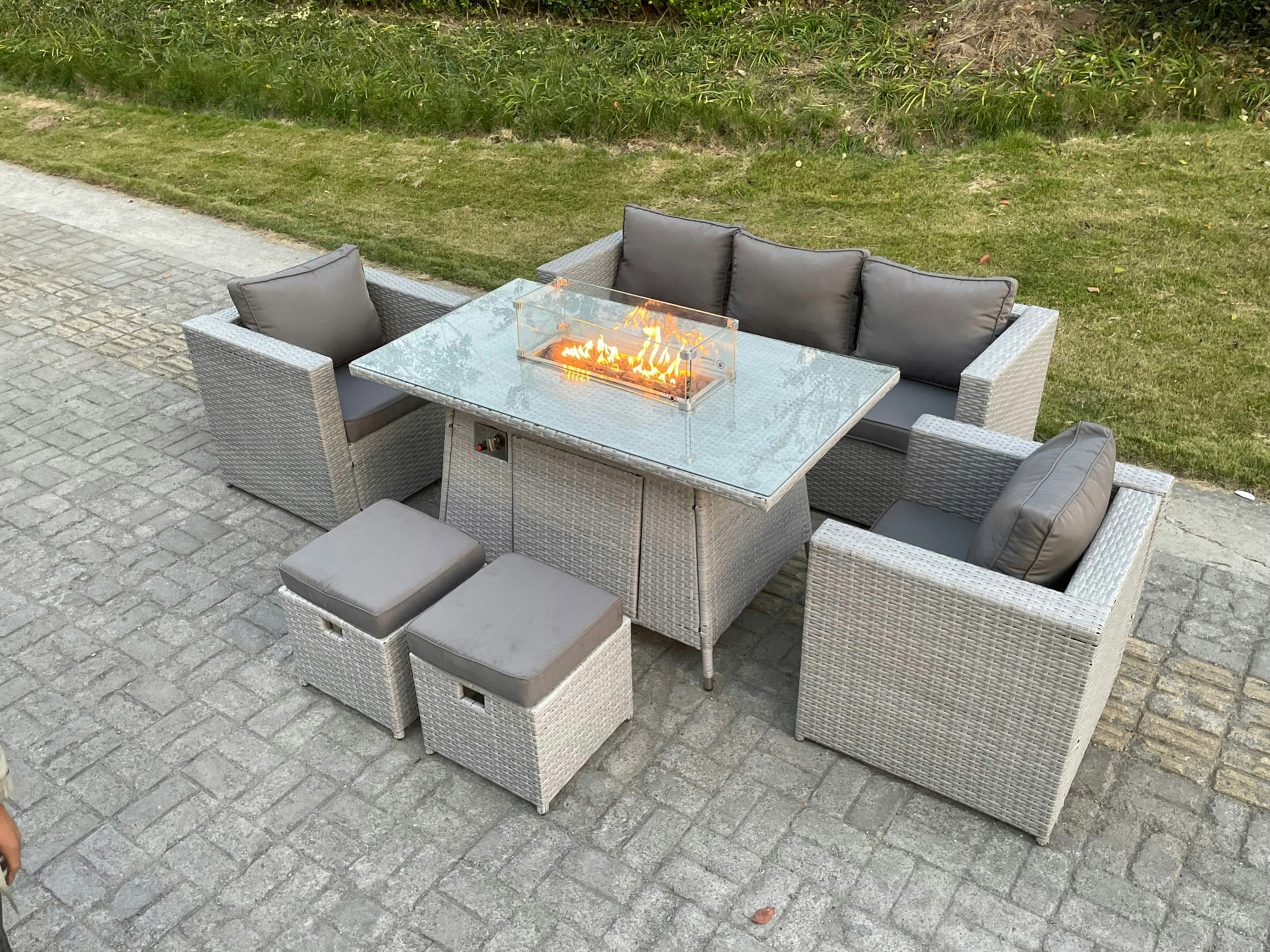 Rackhams Light/Grey Rattan Garden Furniture Set With Gas Fire Pit Dining Table, 1 Sofa, 2 Chairs & 2 Stools - 7 Seater