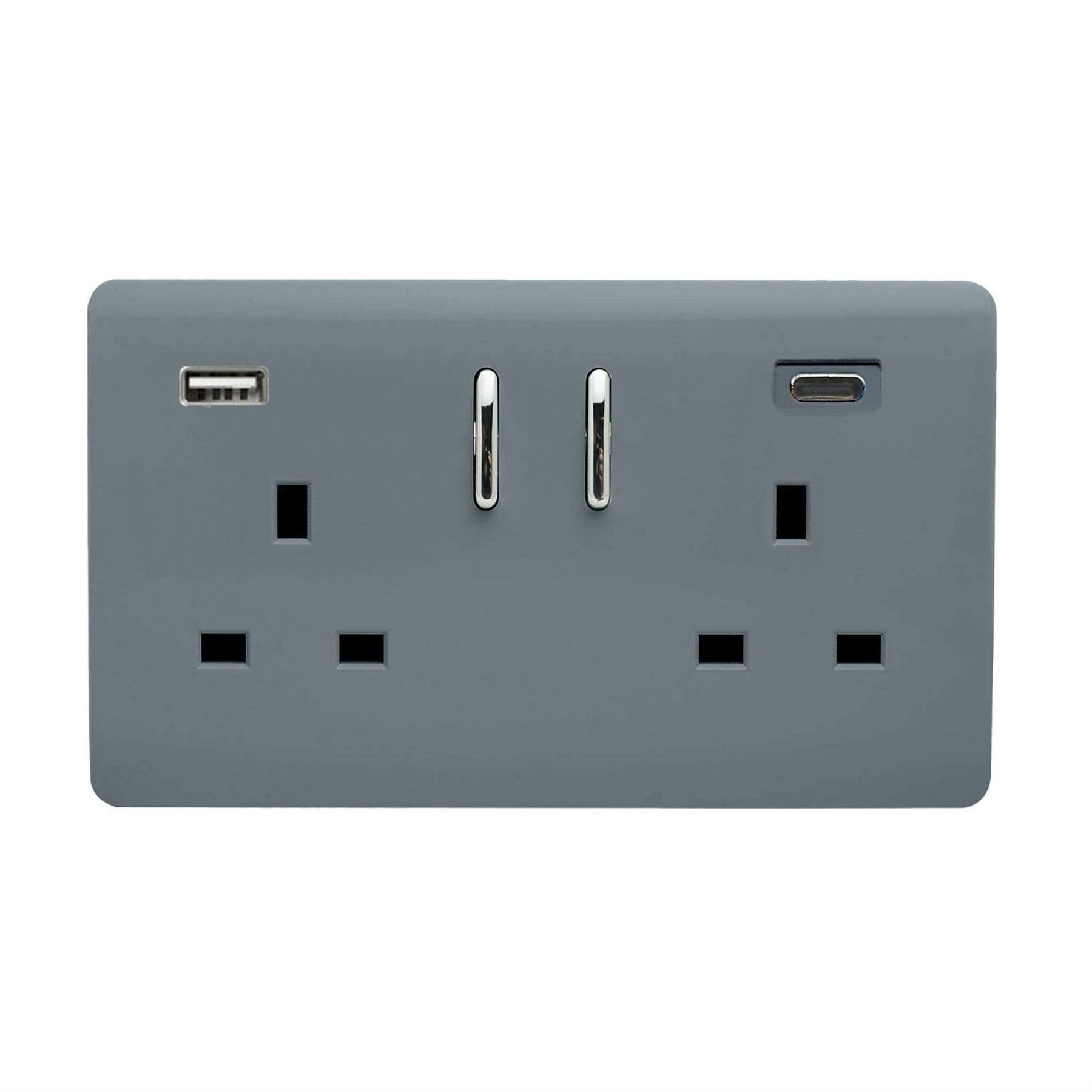 Trendi Switch 2 Gang 13amp 2 Port USB Switched Plug Socket - Grey - Steel - Image 2