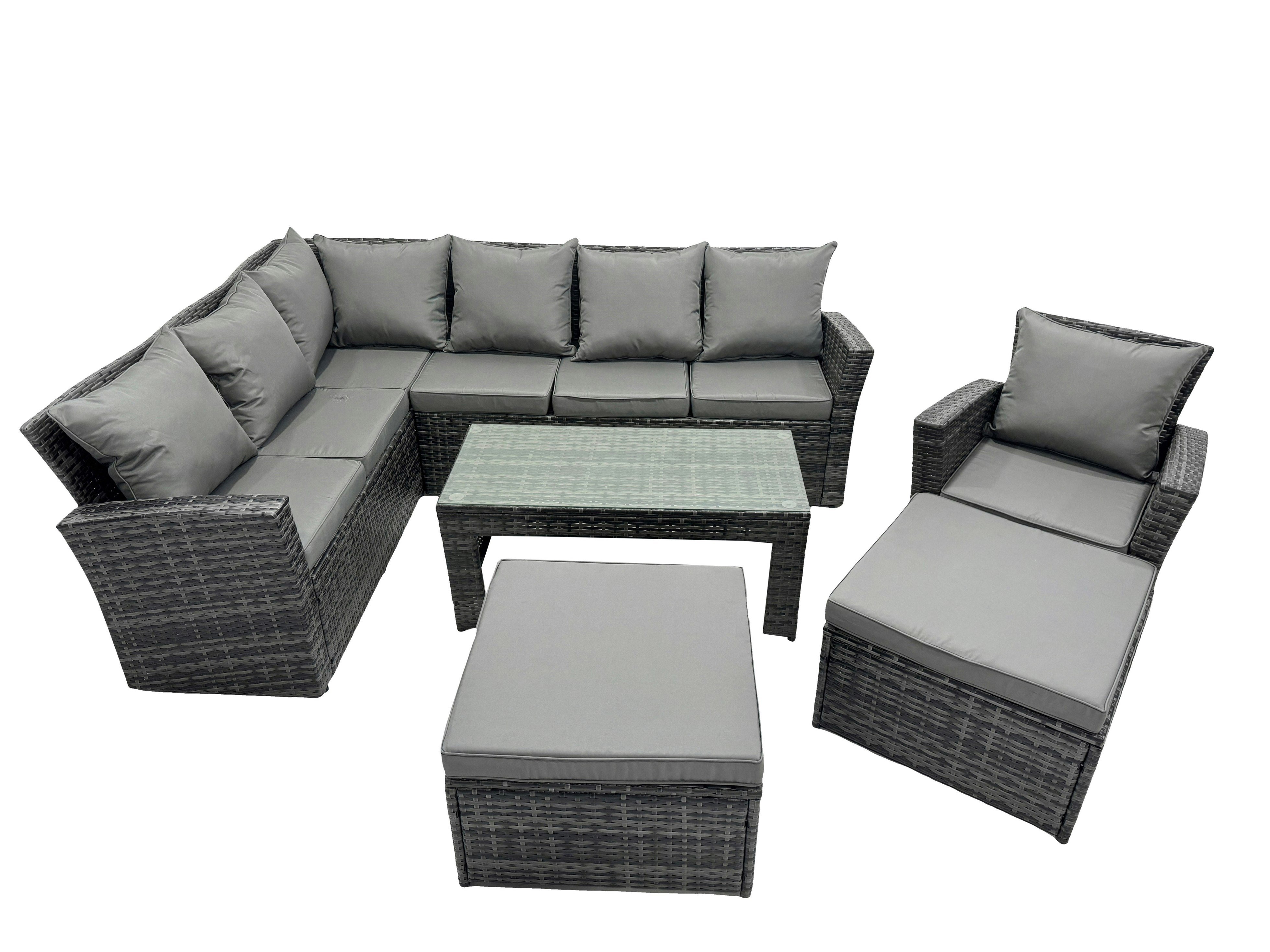 Fimous Dark/Grey 9 Seat Poly Rattan Outdoor Patio Oblong Coffee Table Corner Sofa Set With 2 Big Stool Chair For Garden Backyard Mixed
