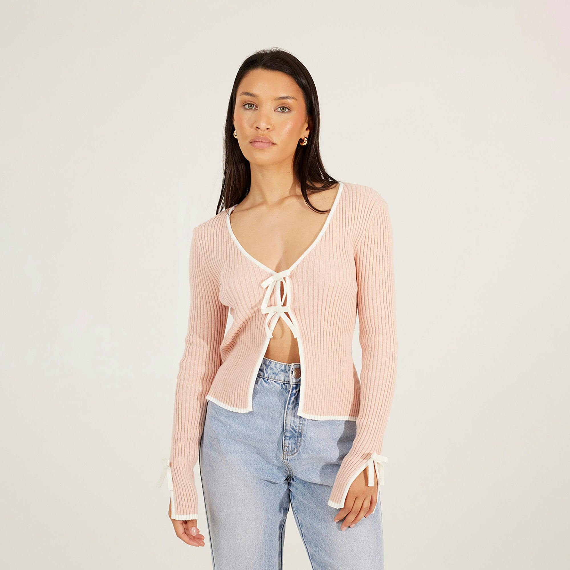 Brave Soul Pink Ribbed Knitted Cardigan With Bow Fastening - Pale - Pale - M