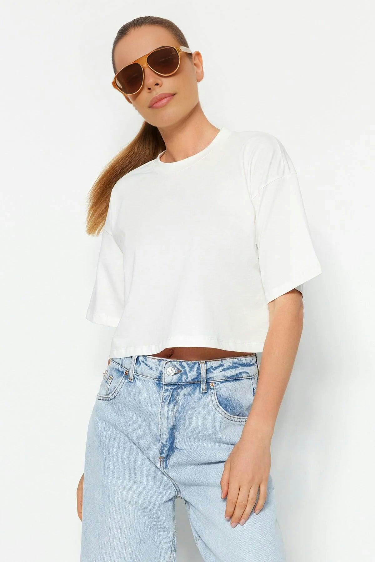 Wovcor Relaxed Fit Crew Neck Crop T-Shirt - Ecru - S
