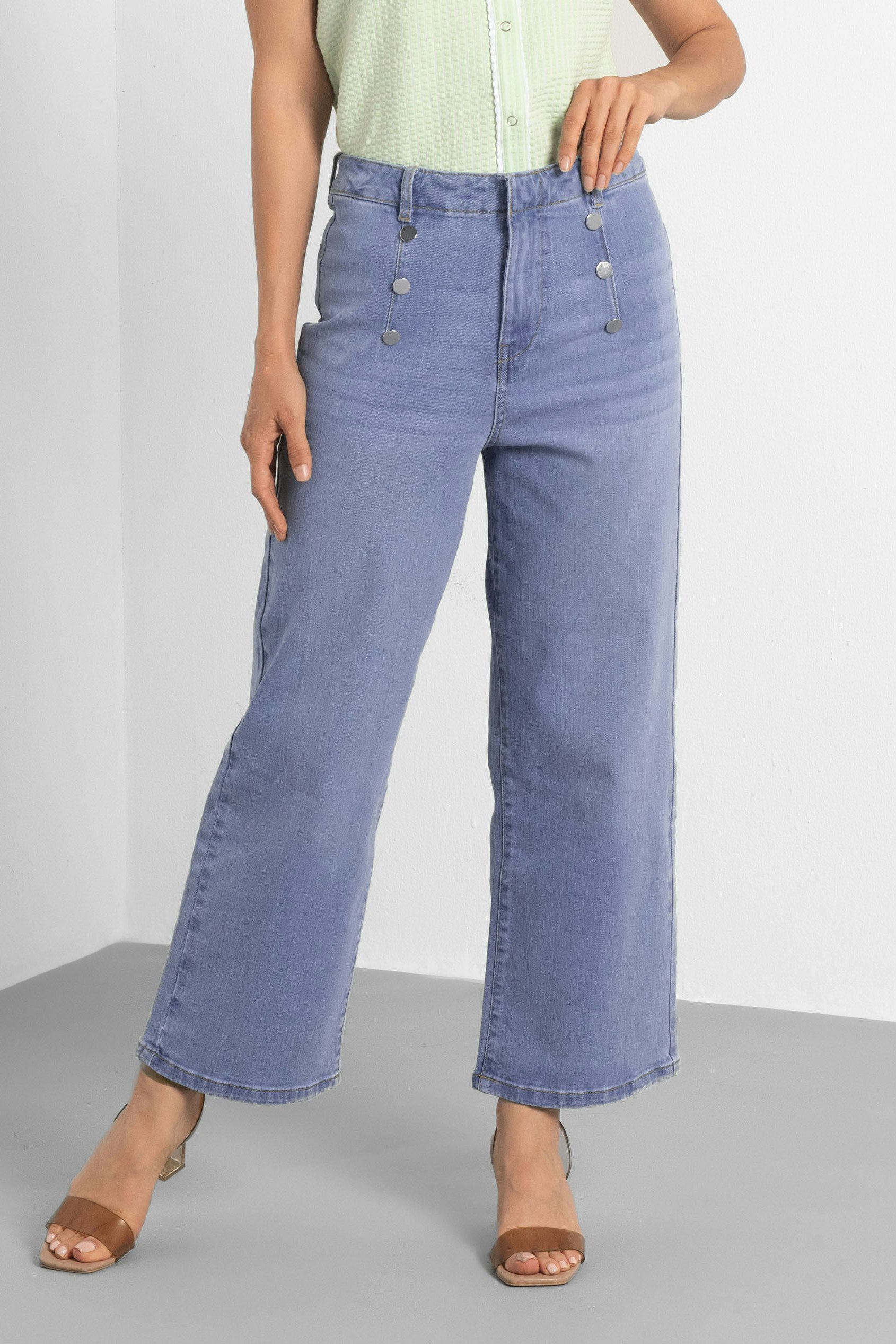 Enorsia Light Sky Decorative Button Cropped Wide Leg Jeans - 18 - 99% Cotton, 1% Spandex - Sky