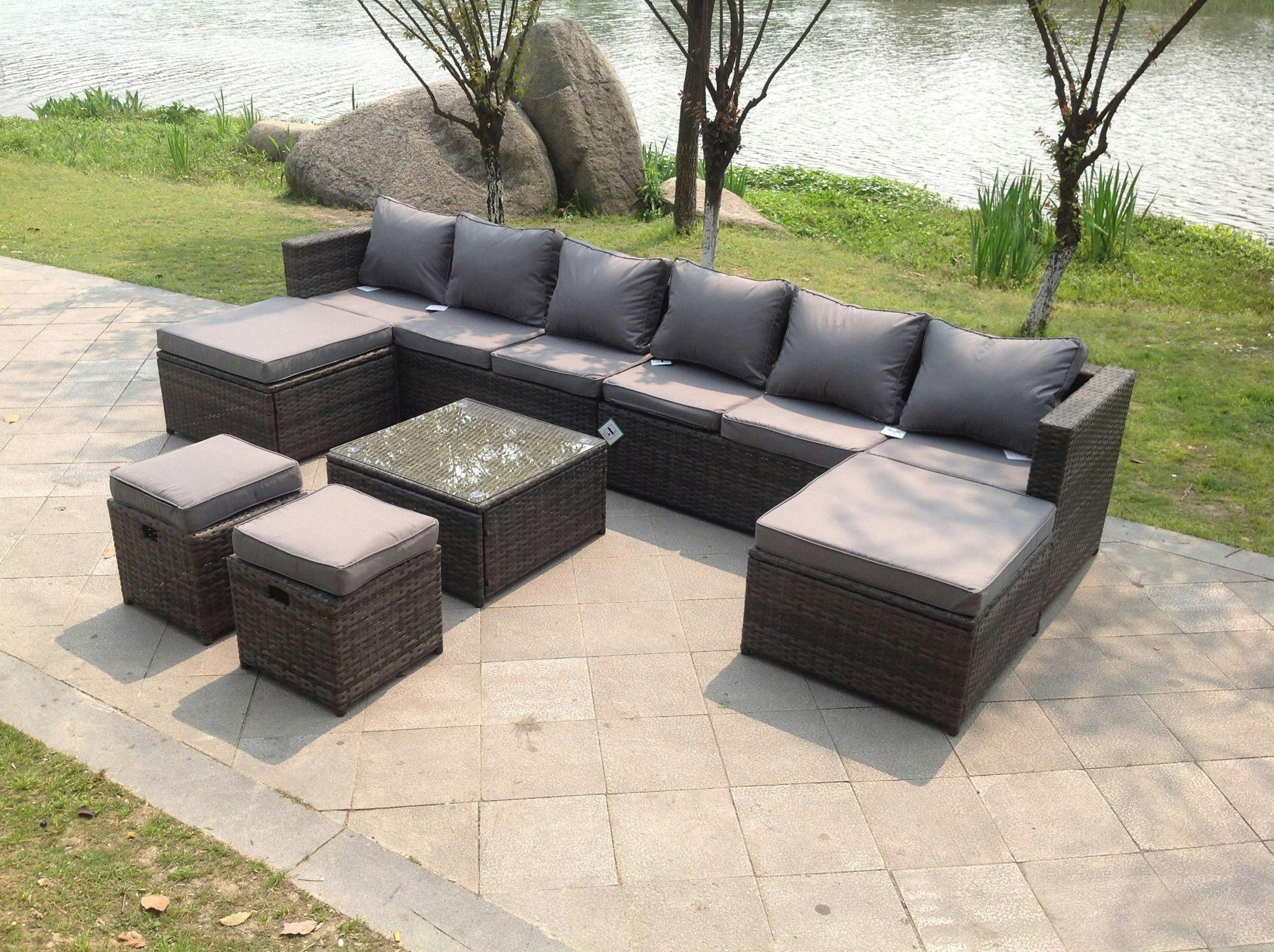 Fimous Dark/Grey Lounge Couch Rattan Corner Sofa Set Coffee Table Stools Garden Furniture Outdoor