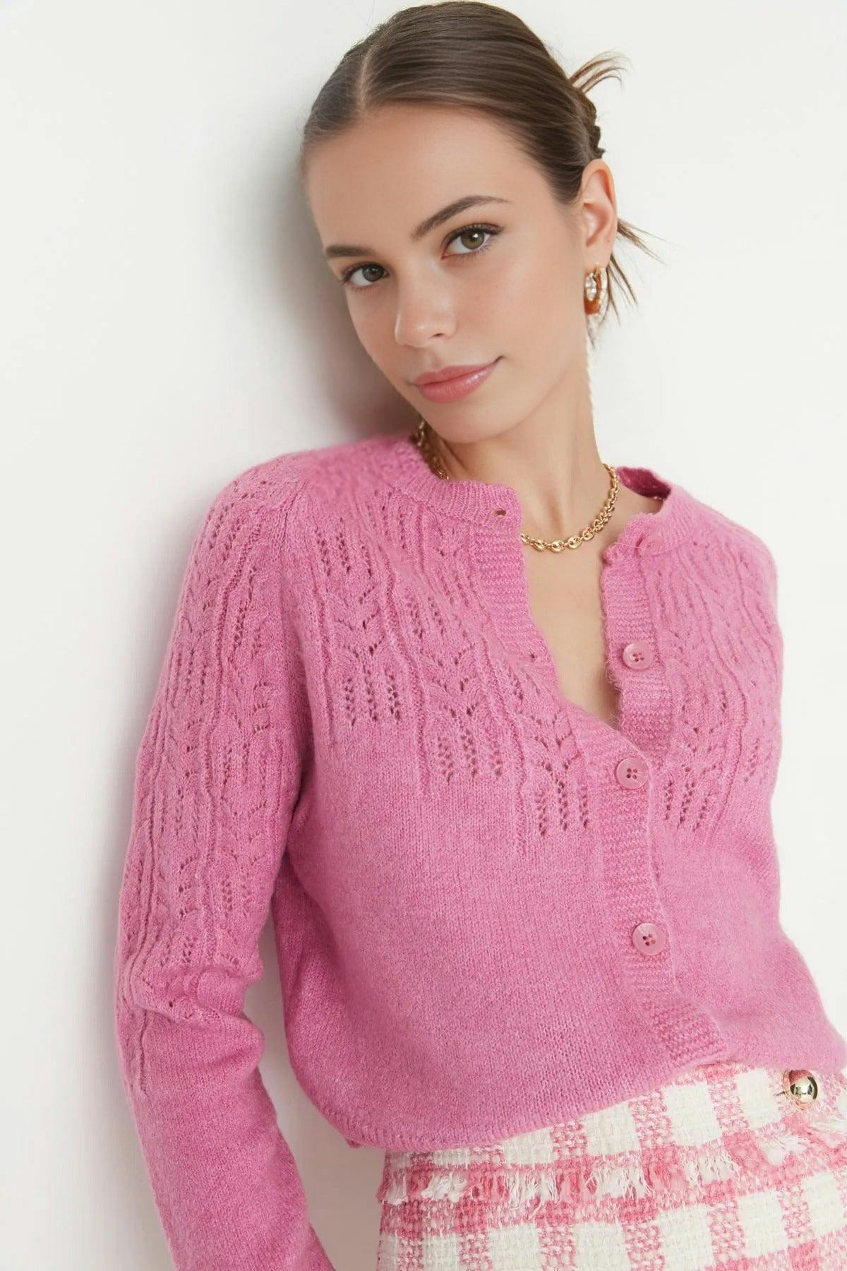 Wovcor Pink Soft Textured Openwork Knit Cardigan - S