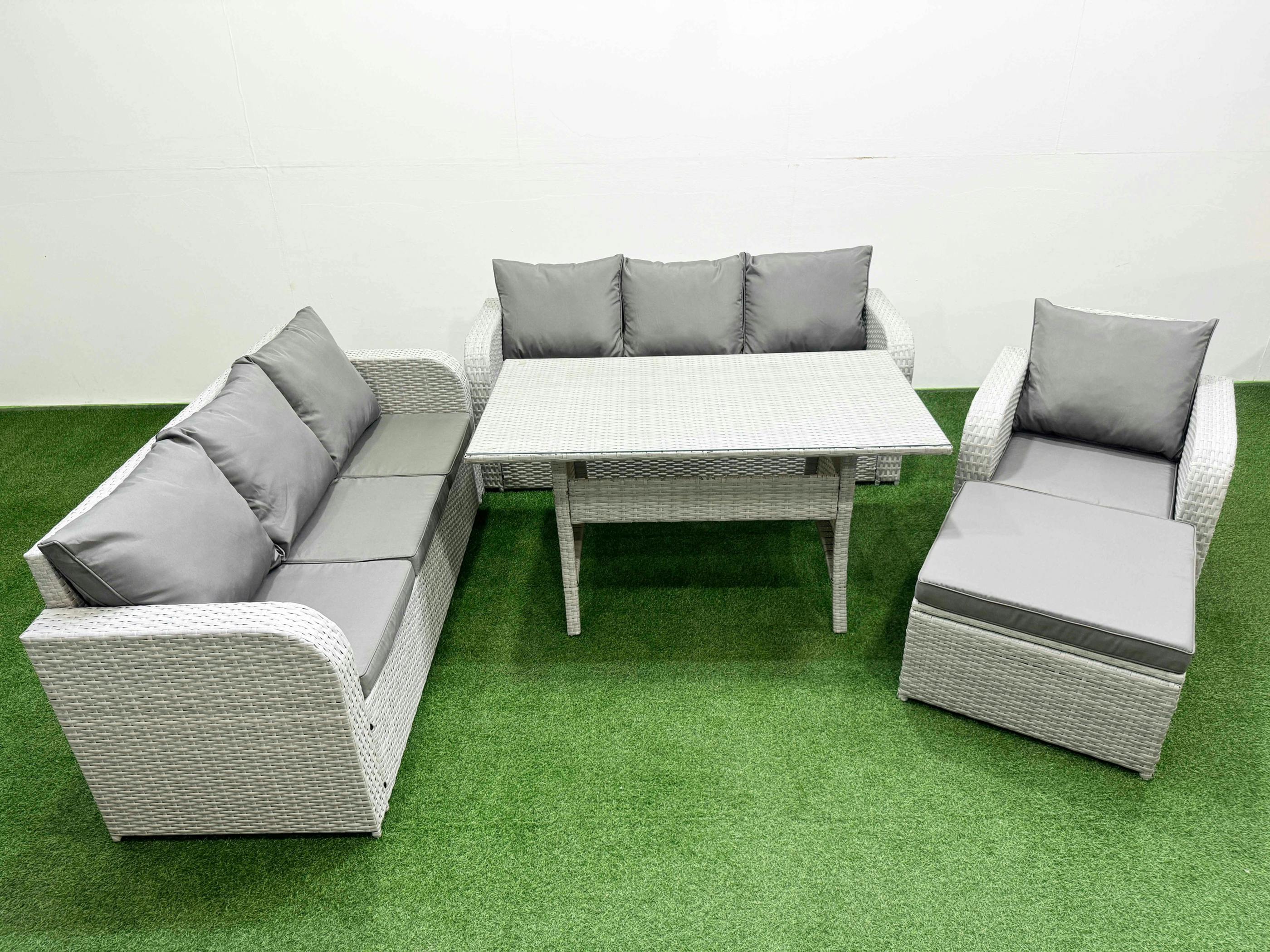 Fimous Light/Grey 8 Seater Poly Rattan Garden Furniture Patio Set, Dining Table, 3 Seater Sofa, Reclining Chair, 3 Seater Sofa, Big Footstool,