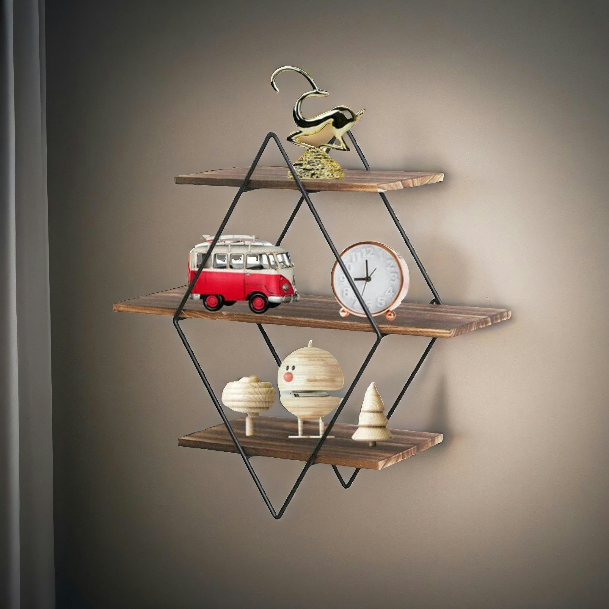 Rackhams Black Industrial 3 Tier Wooden Diamond Shape Floating Shelf
