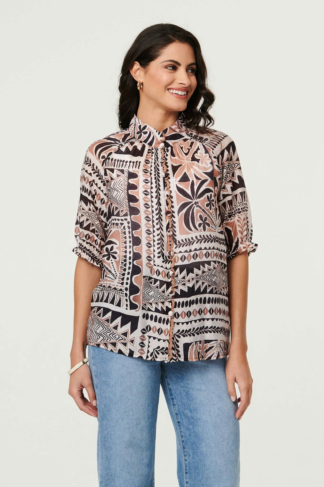 Izabel London Brown Abstract 3/4 Sleeve High Neck Shirt - 8