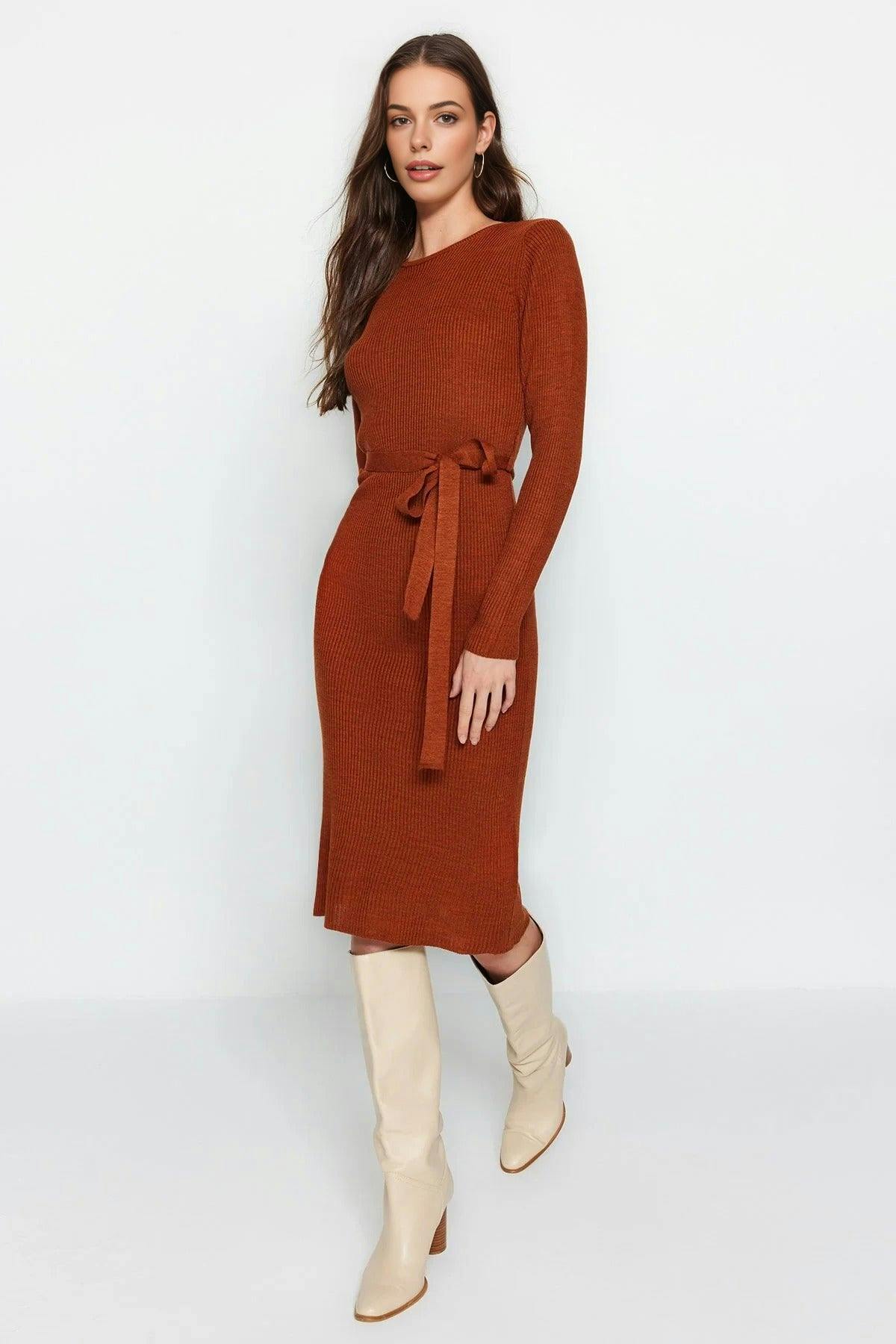 Wovcor Midi Knit Belt Detail Dress - Terracotta - L