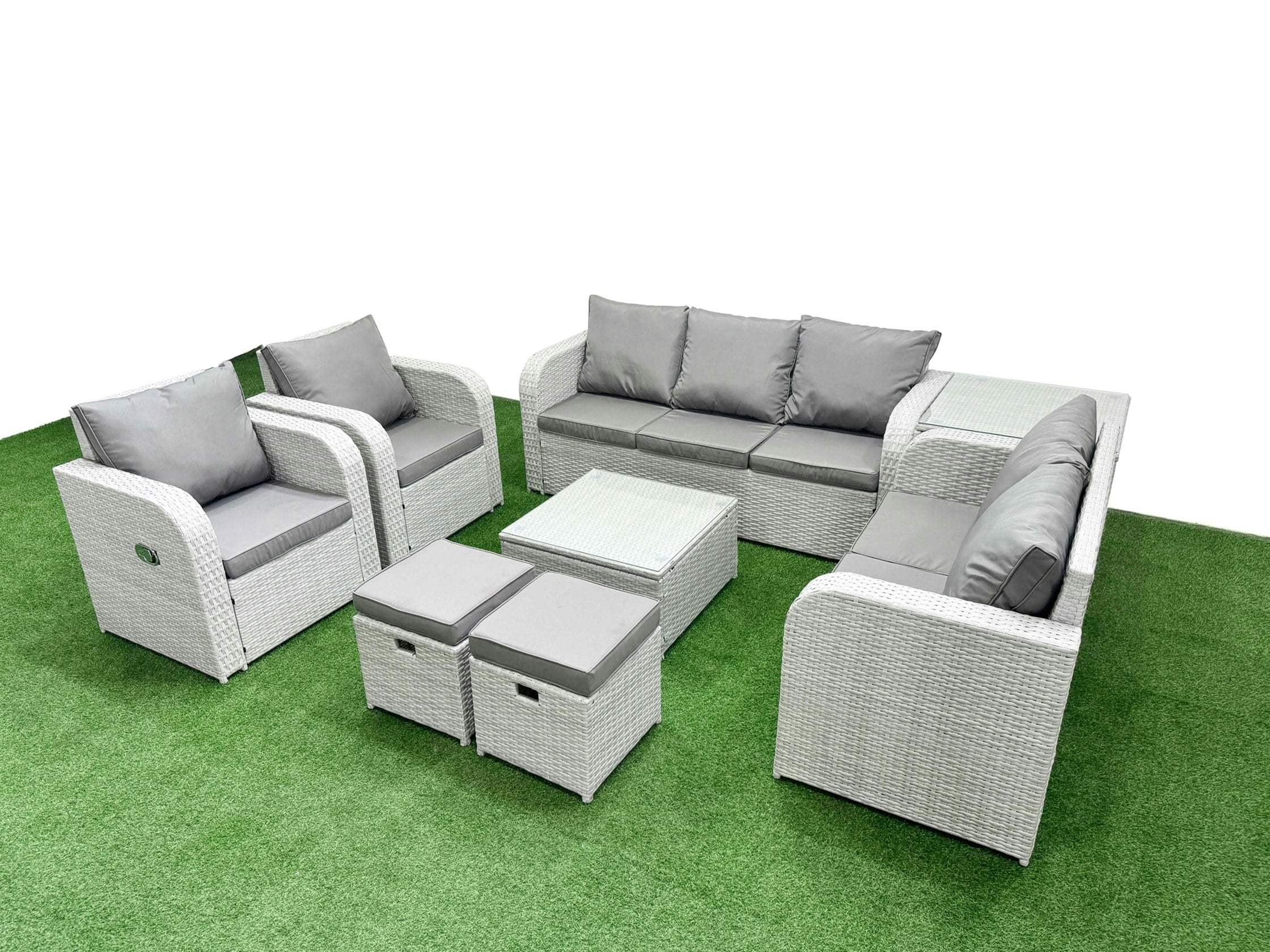 Rackhams Light/Grey Rattan Garden Furniture Set Adjustable Chair Sofa Double Love Seat 2 Seater Sofa Lounge Set Square Coffee Table 2 Stools Side Table