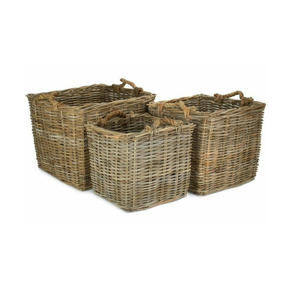 Red Hamper Red/Grey/Brown Hamper Square Rattan Log Basket - Set Of 3