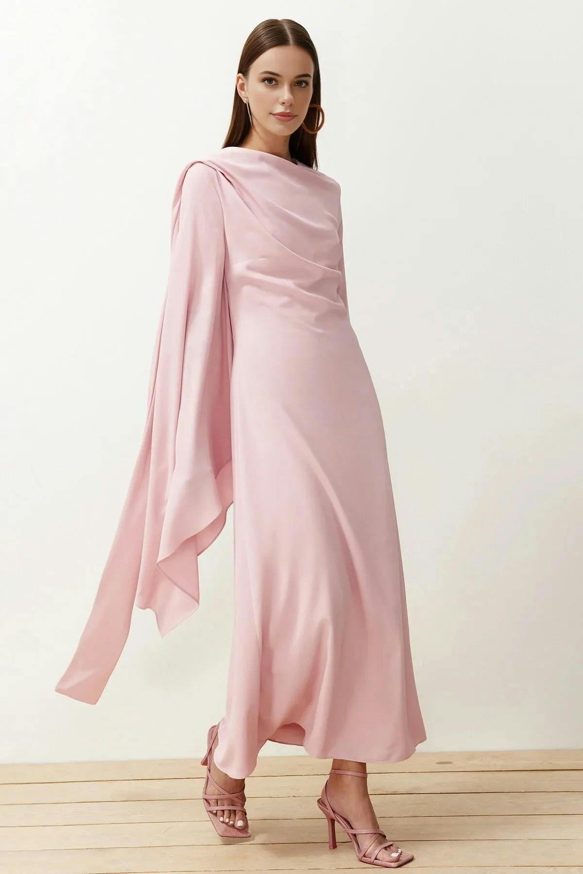 Wovcor Pink Draped Long Sleeve Maxi Dress With Asymmetric Detail - Pale - 16