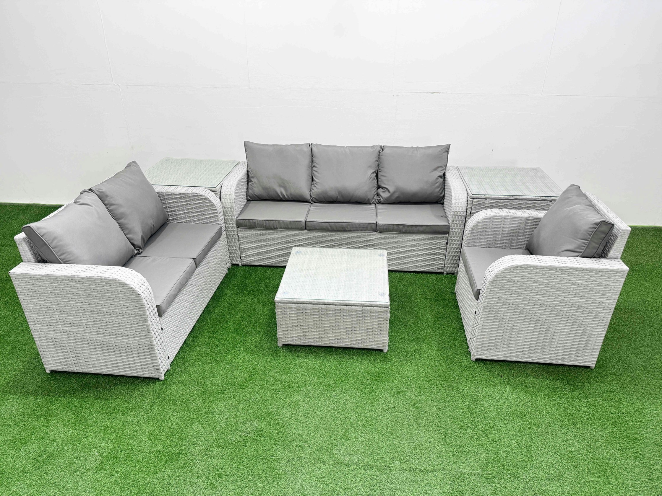 Rackhams Light/Grey 6 Seater Outdoor Rattan Furniture Sofa Set With Square Coffee Table Reclining Chair Loveseat Sofa 3 Seater Sofa 2 Side Table