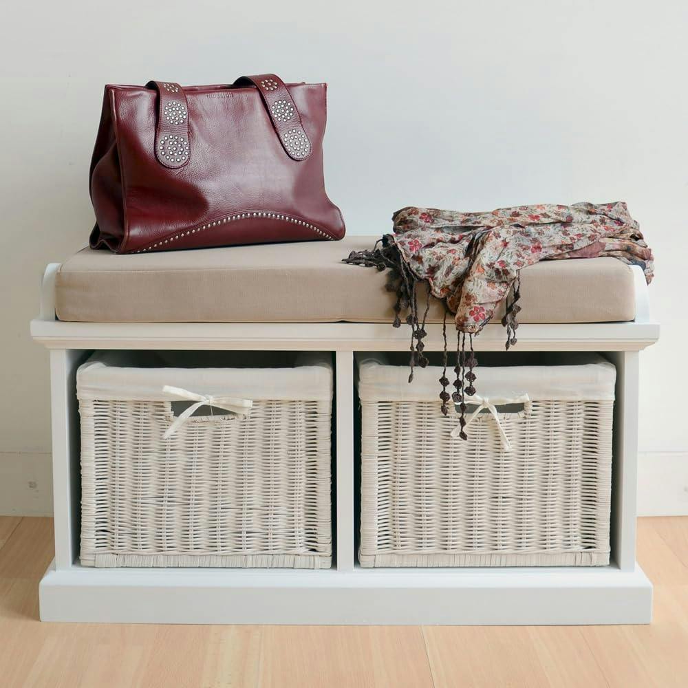 Rackhams White/Cream Tetbury Bench With Wicker Baskets And Cushion - 2 Seater