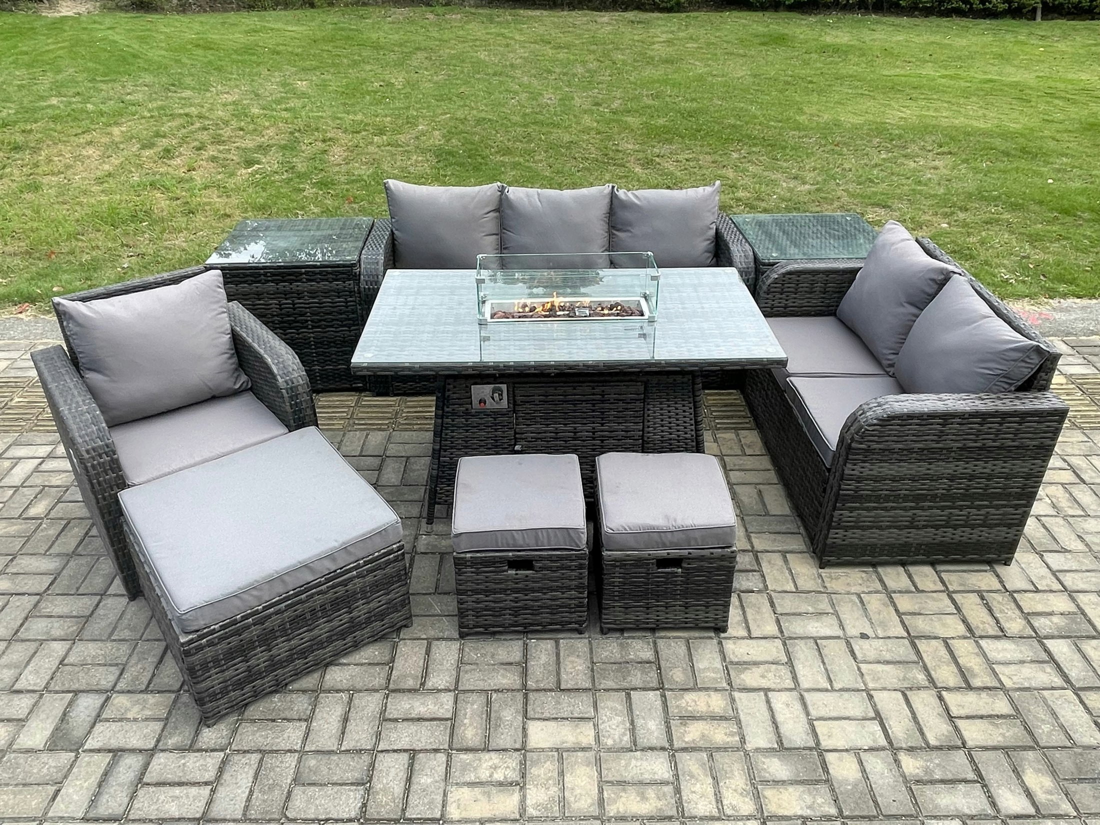 Rackhams Dark/Grey Garden Patio Furniture Wicker Rattan Gas Fire Pit Table And Sofa Chair Set With 2 Side Tables 3 Footstool