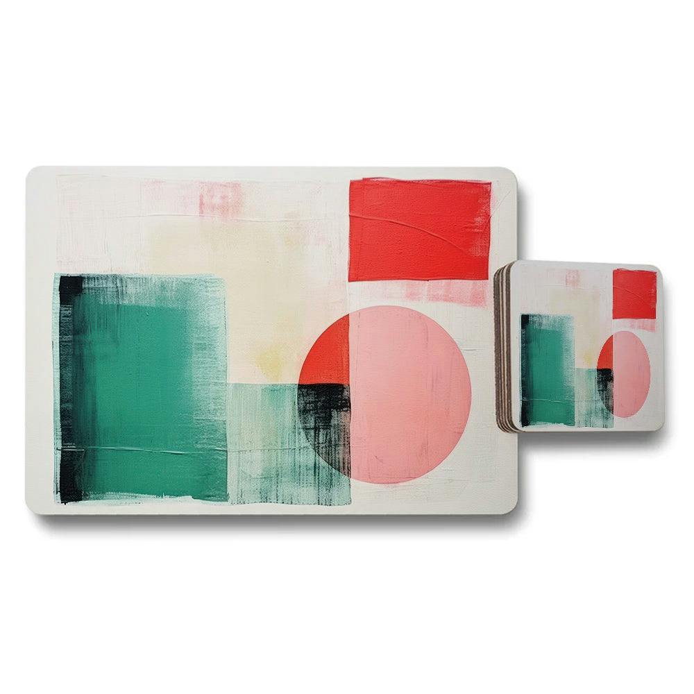 Benjamin Tate Design Pink/Red Abstract Geometric Placemat And Coaster Set With Modern Art Design