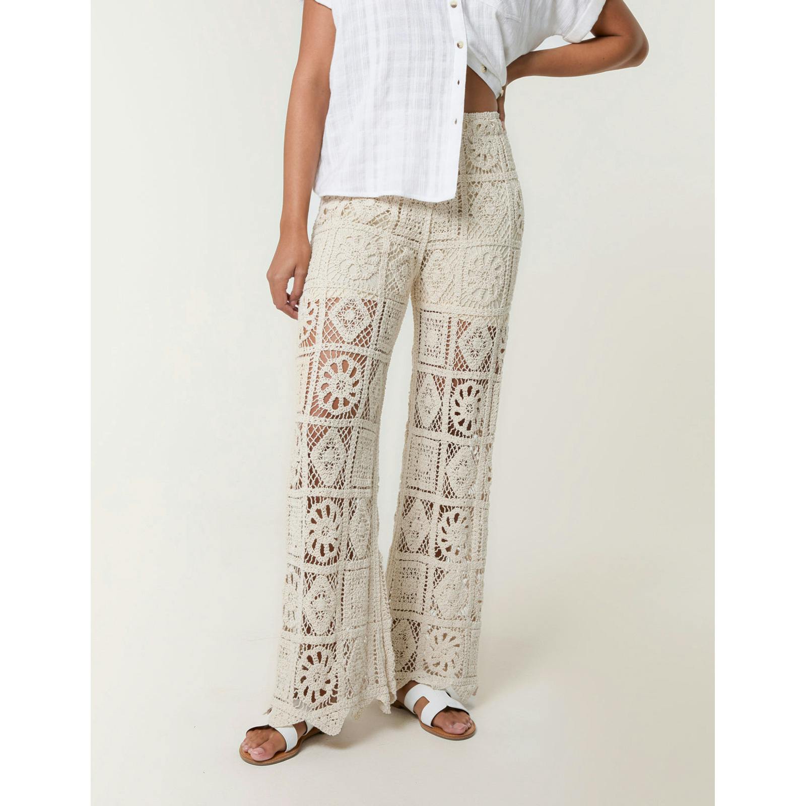 Blue Vanilla Crochet Flared Trousers - One Size - Stone