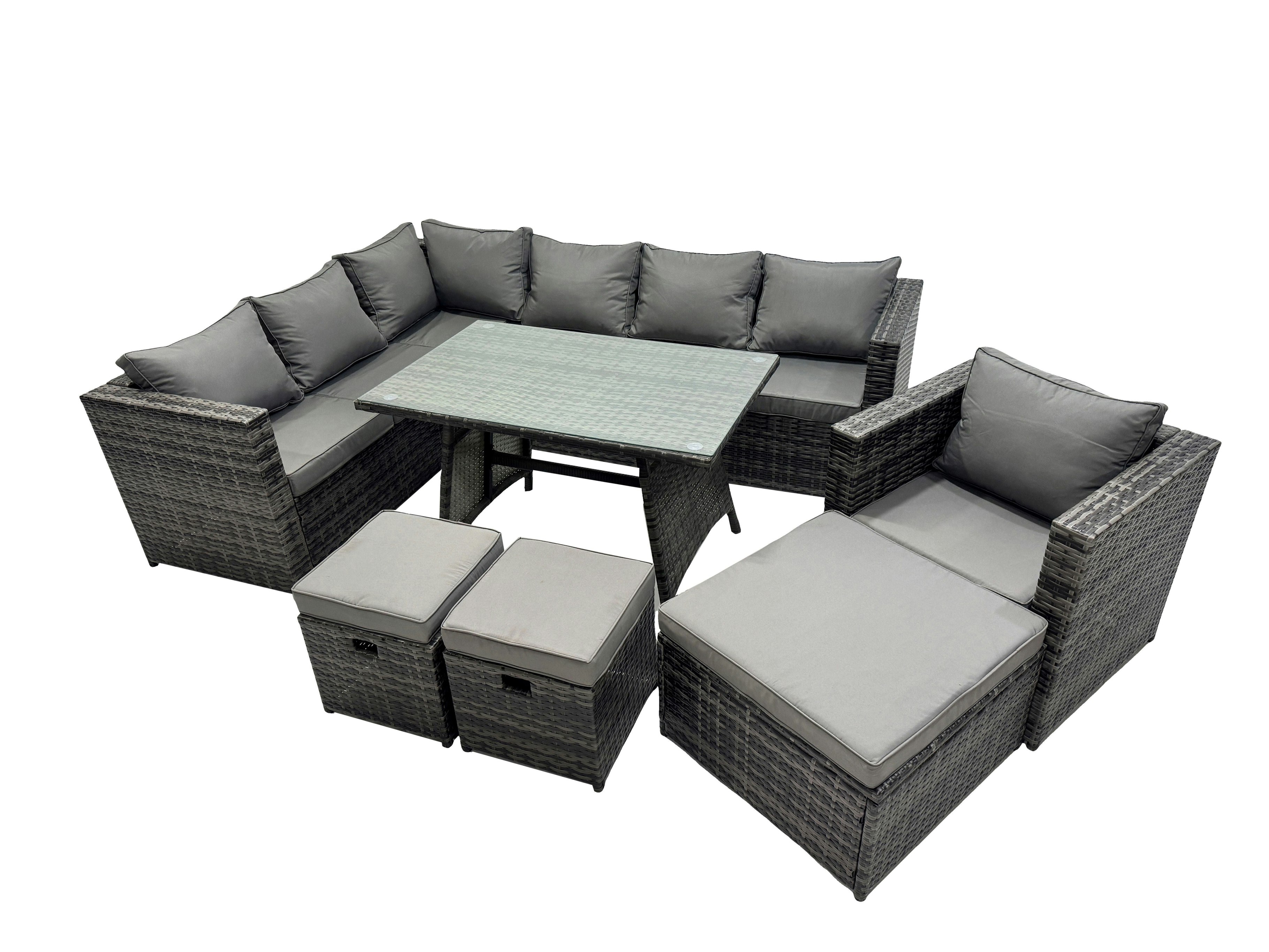 Fimous Dark/Grey 10 Seater Outdoor Pe Rattan Sofa Set With Dining Table Patio Garden Furniture Sets With Chair 3 Stools Mixed