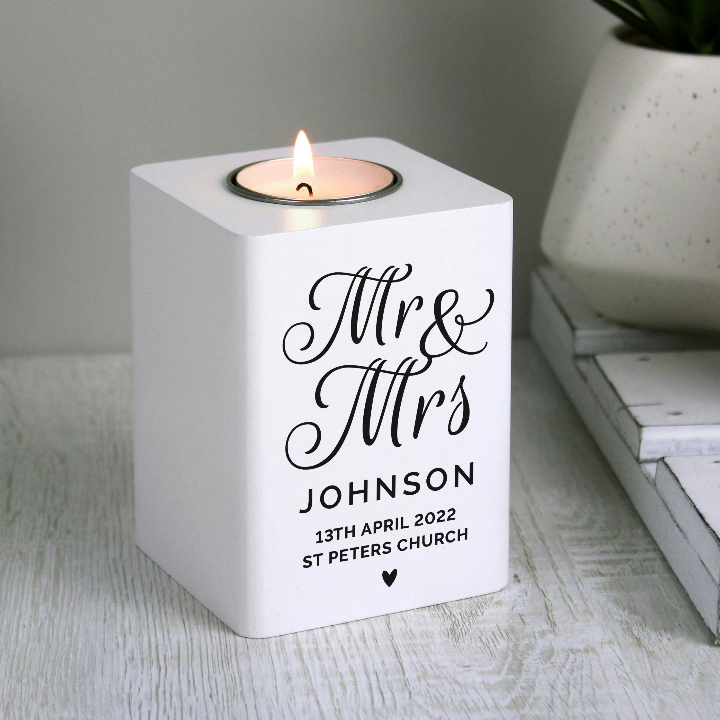 Personalised Memento Company White/Light Personalised Mr & Mrs Wooden Tea Holder