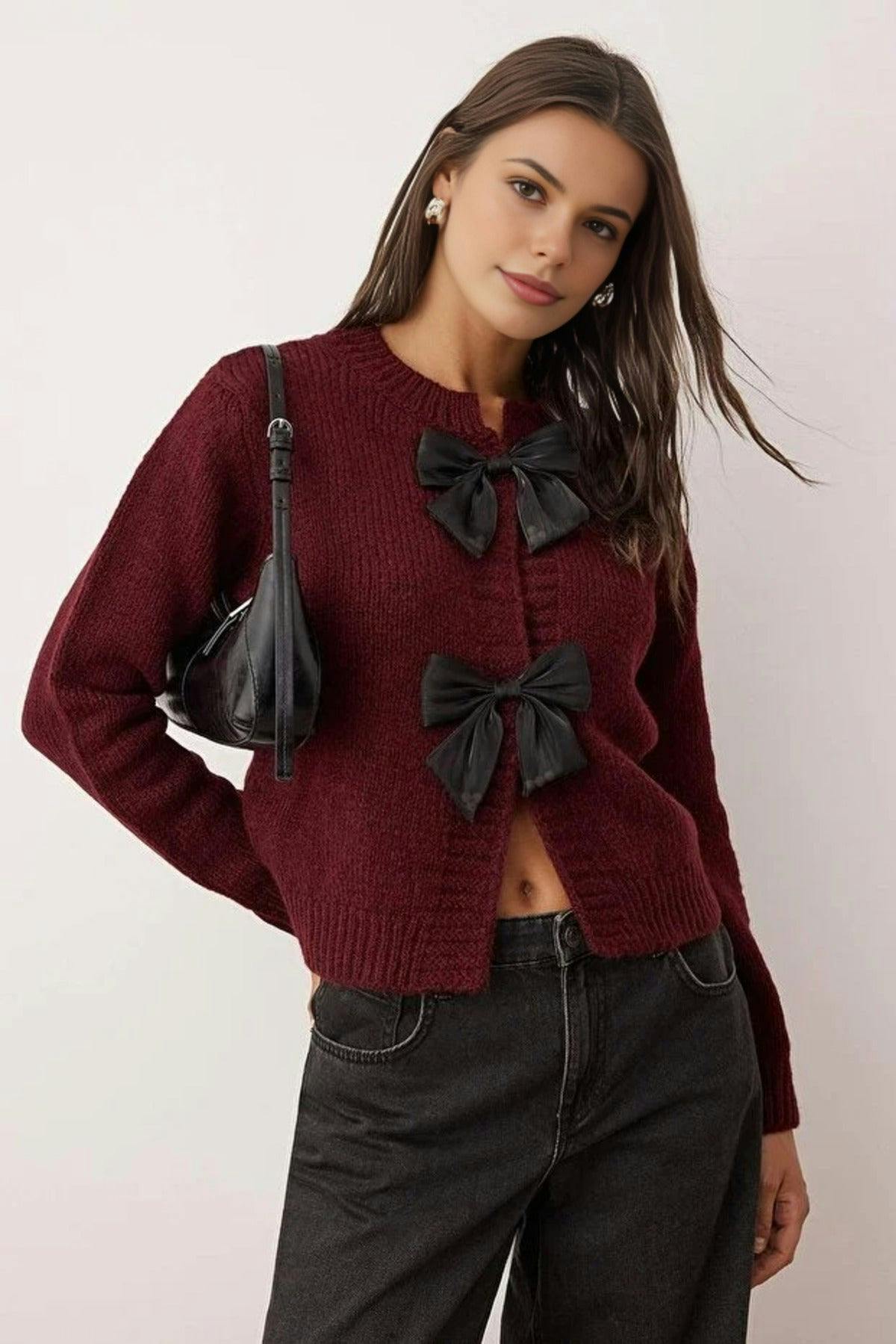 Wovcor Burgundy Crew Neck Knit Cardigan With Ribbon Detail - M