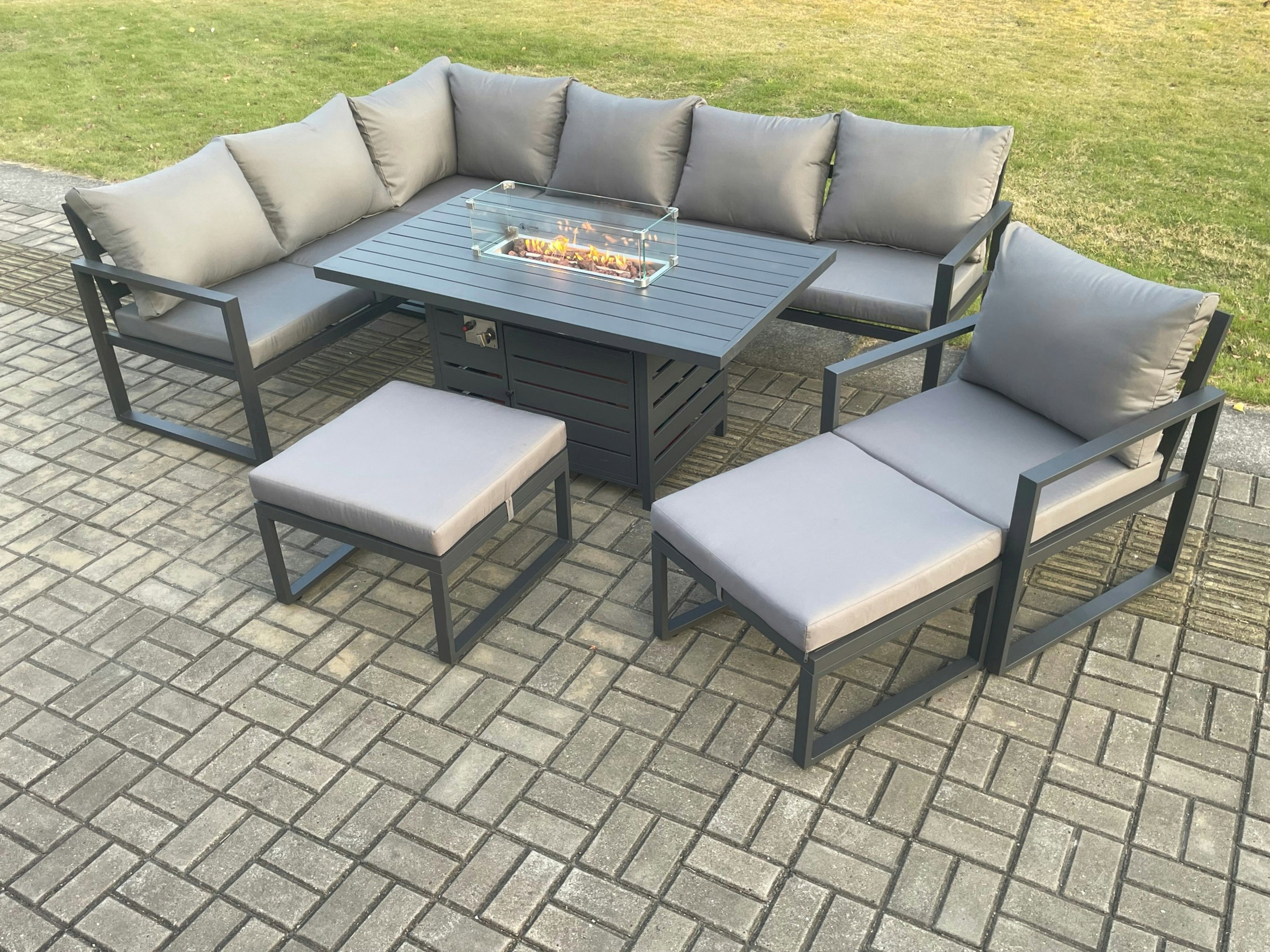 Rackhams Dark/Grey Aluminium Patio Outdoor Garden Furniture Corner Sofa Set Gas Fire Pit Dining Table With Chair 2 Big Footstools