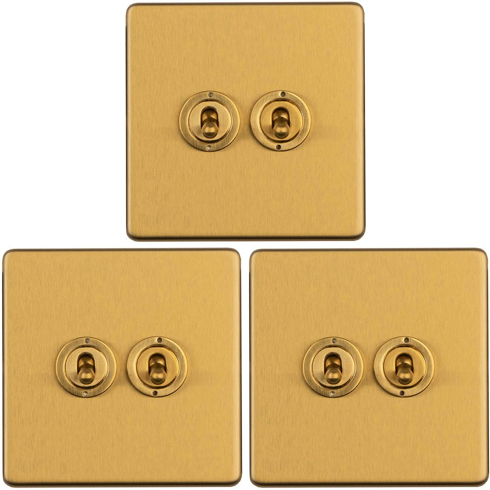 Rackhams Light Pack 2 Gang Double Retro Toggle Switch Screwless Satin Brass 10A 2 Way Size 3