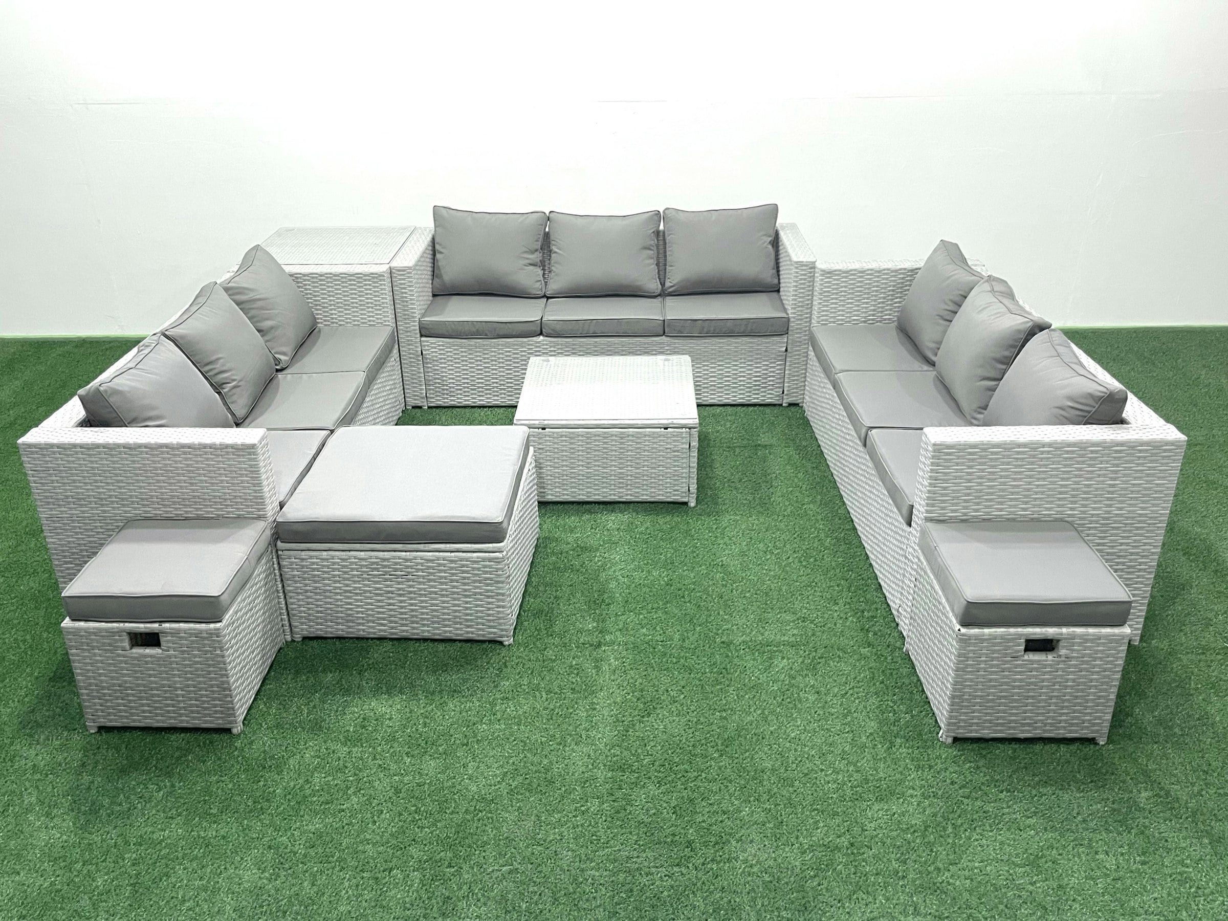 Fimous Light/Grey Rattan Garden Outdoor Furniture Set 12 Seater Rattan Garden Sofa Set With 3 Footstools Side Table Mixed