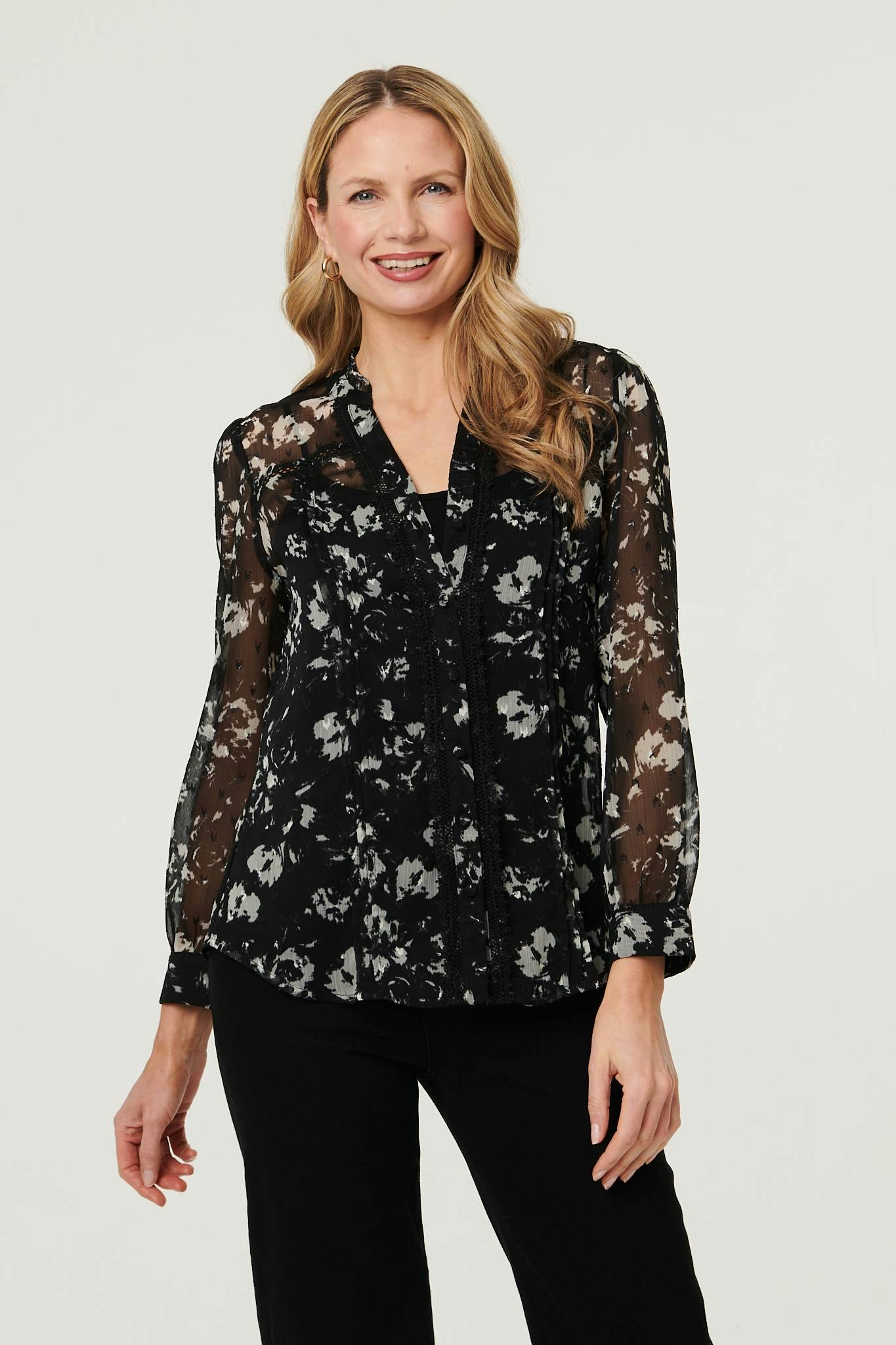 Izabel London Black Floral Semi Sheer Layer Lace Trim Blouse - 8