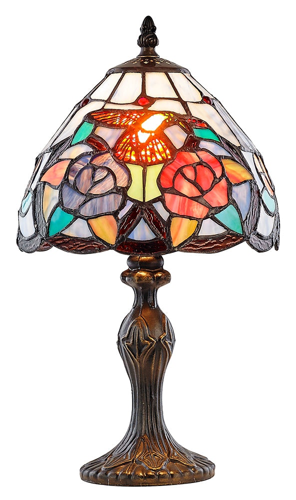 Rackhams Bronze/Light Humming Bird Tiffany Lamp With Colourful Stained Glass Shade