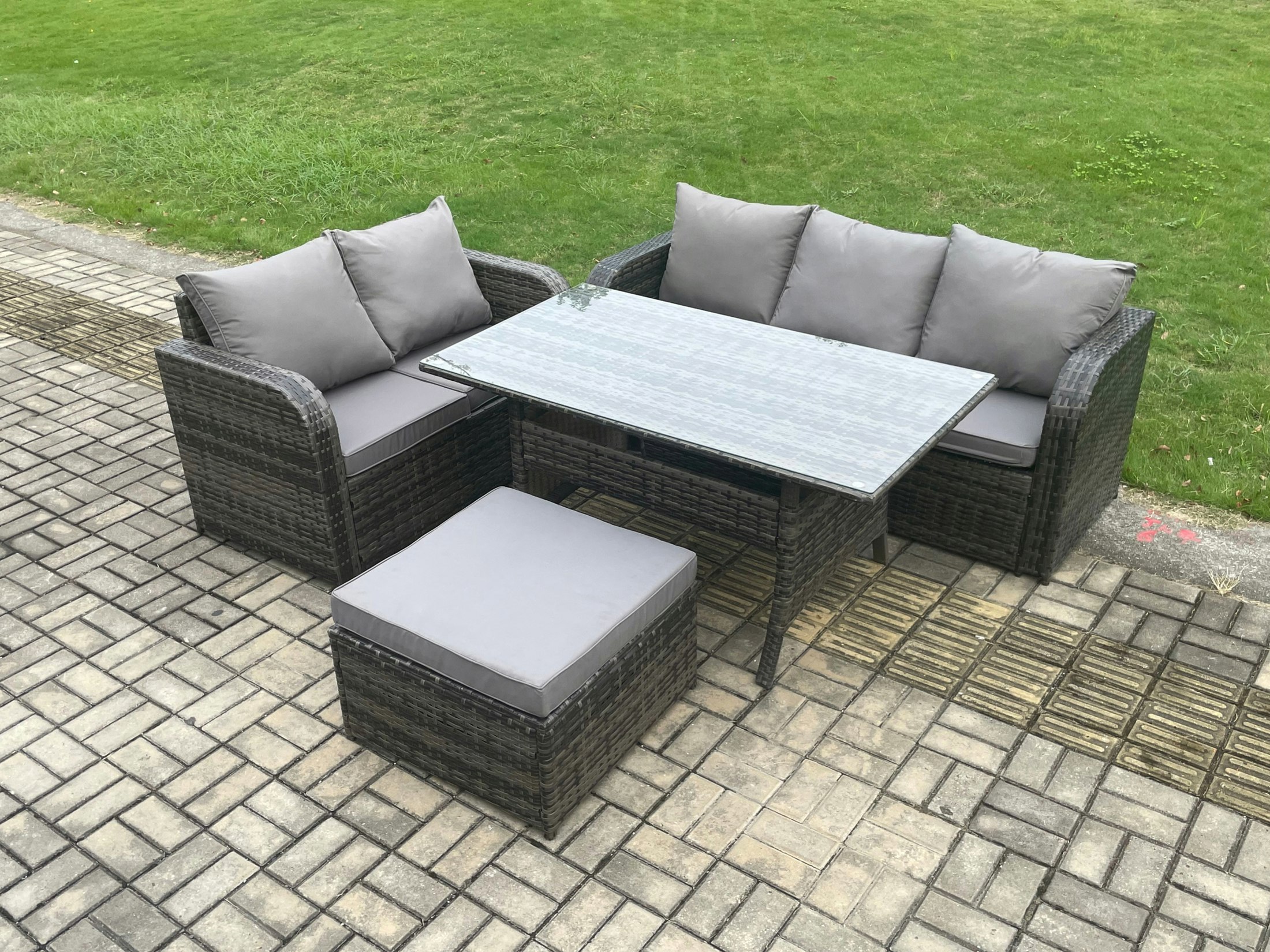 Rackhams Dark/Grey Outdoor Garden Patio Furniture Wicker Rattan Oblong Rectangular Dining Table And Lounge Sofa Set With Big Footstool Mixed