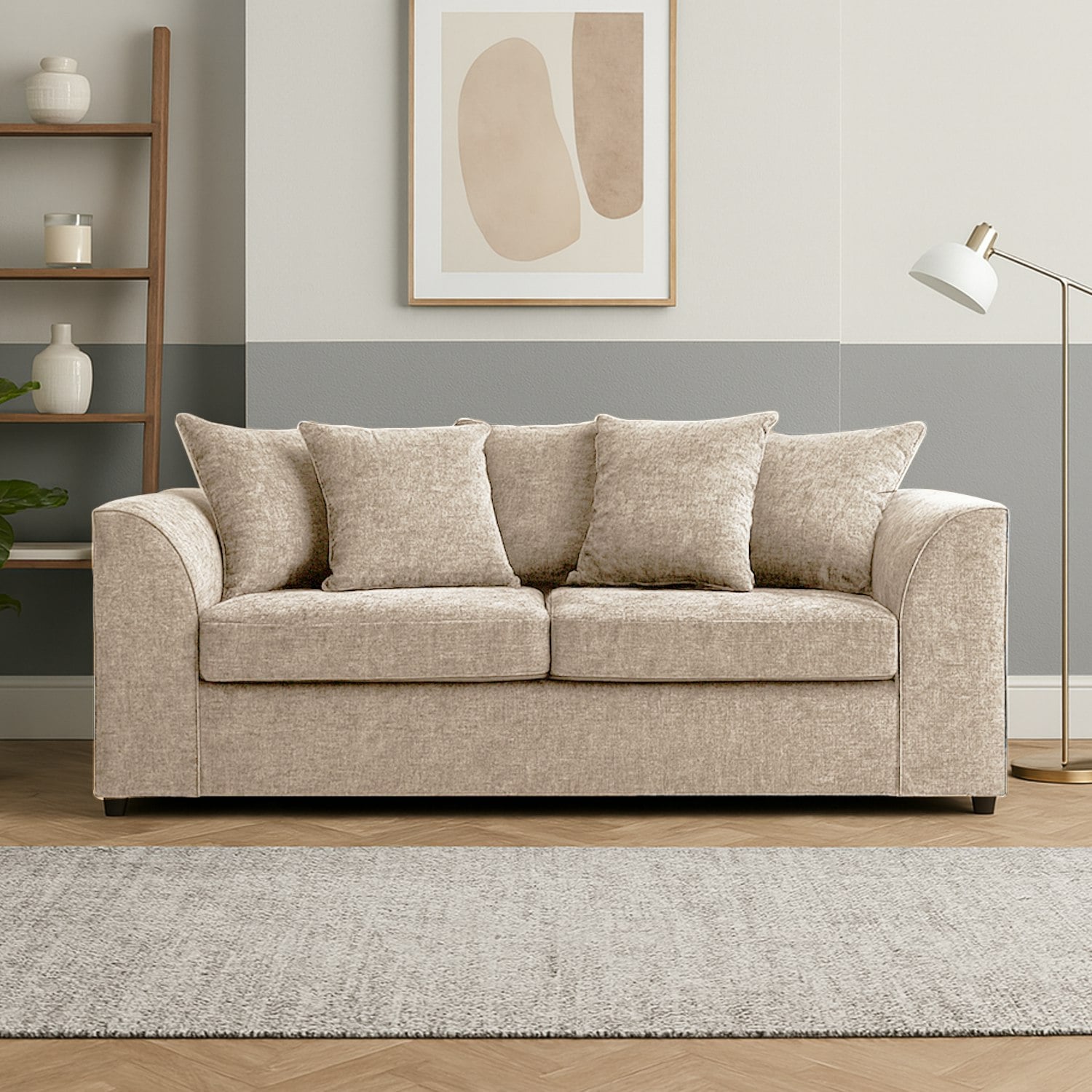 Furnishings For Less Beige Monaco Chenille Fabric 3 Seater Sofa