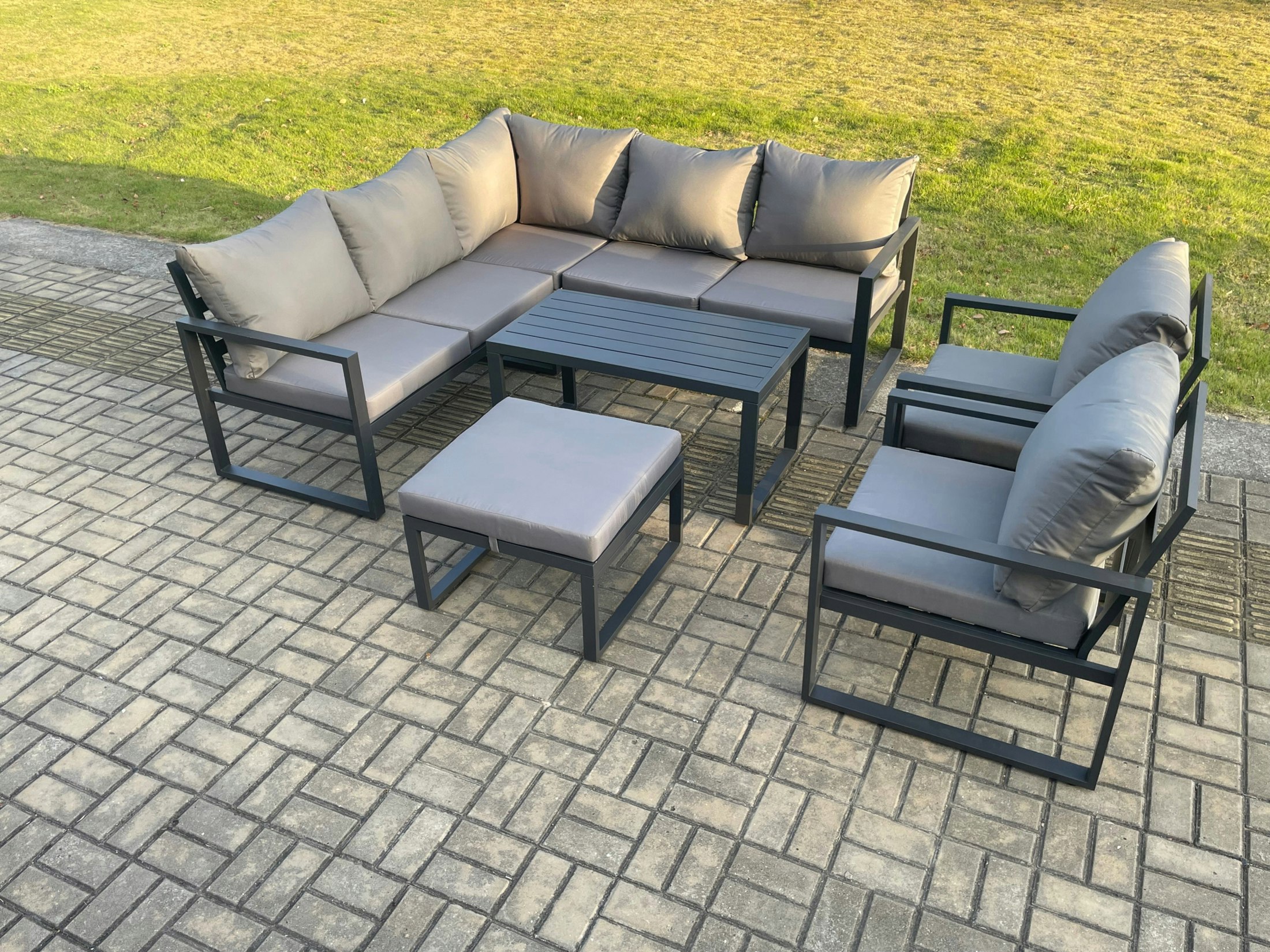 Fimous Dark/Grey Aluminium Outdoor Garden Furniture Set Lounge Sofa Oblong Coffee Table Sets With 2 Pcs Chair Big Footstool Indoor Conservatory Set