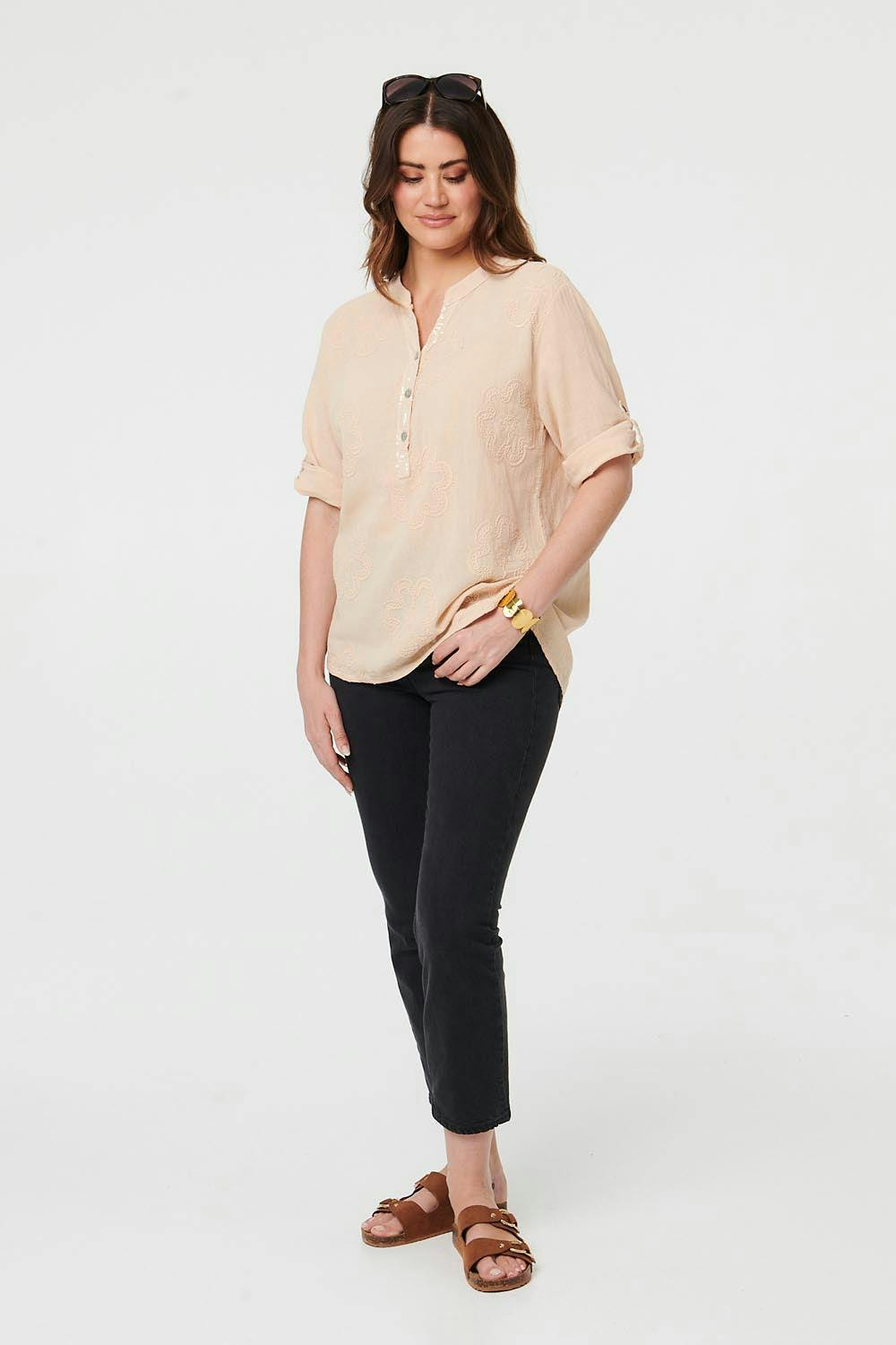 Izabel London Beige Floral 3/4 Sleeve Embroidered Blouse - 12