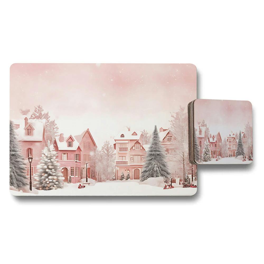 Benjamin Tate Design Pink Winter Village Placemats And Coaster Set For Holiday Table Decor