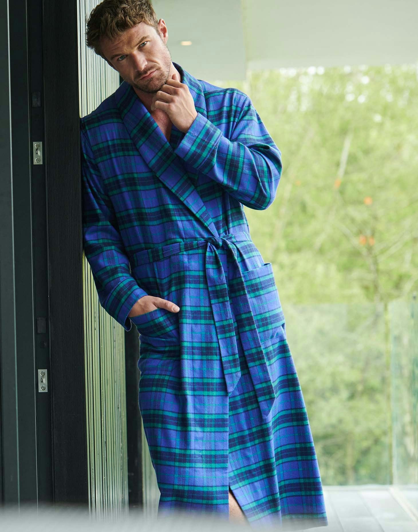 British Boxers Men's Brushed Cotton Dressing Gown – Midnight Tartan - XX-Large