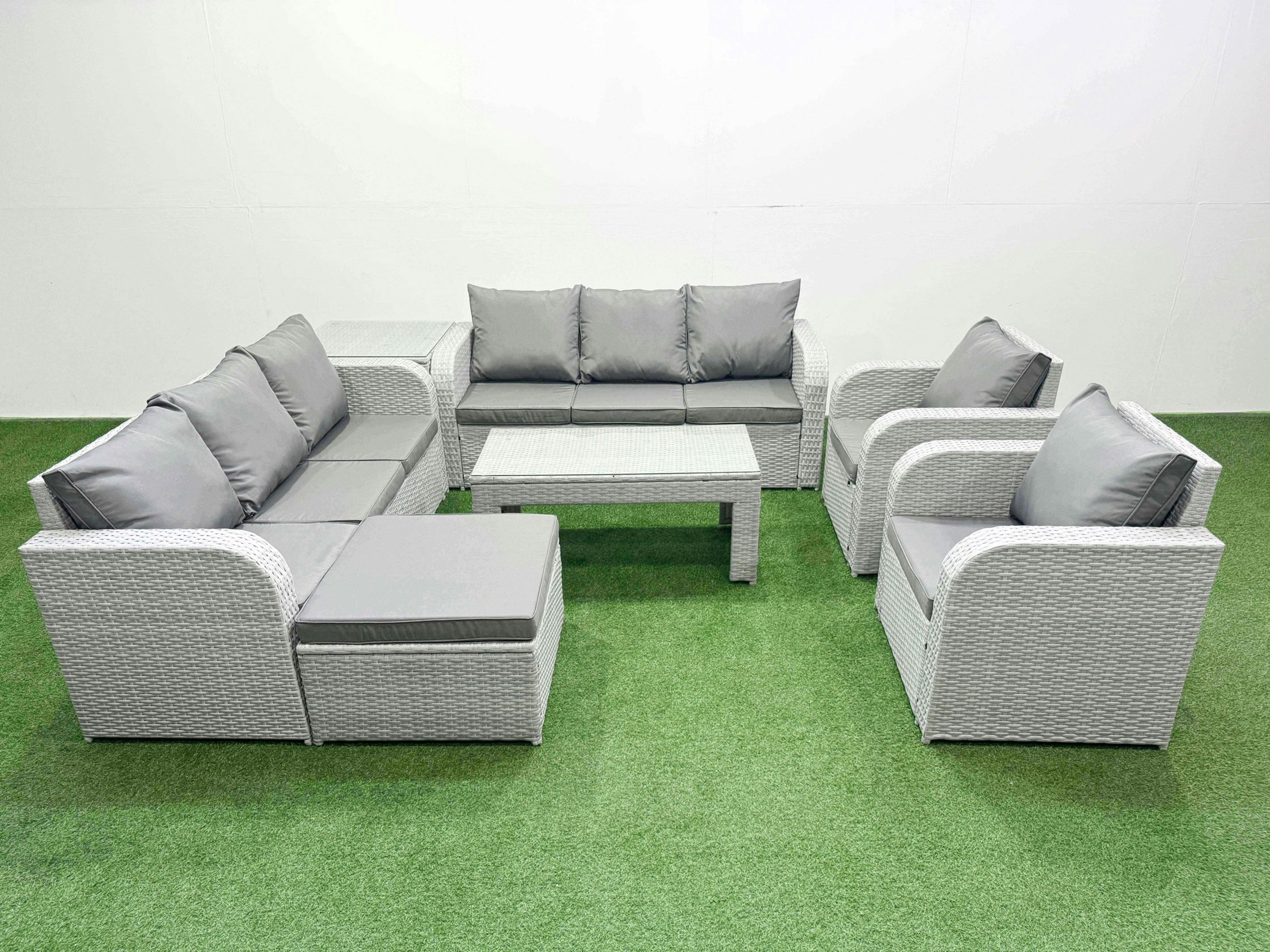 Fimous Light/Grey Pe Rattan High Back Lounge Set - Oblong Coffee Table, 3-Seater Sofa, Reclining Chair & Footstool