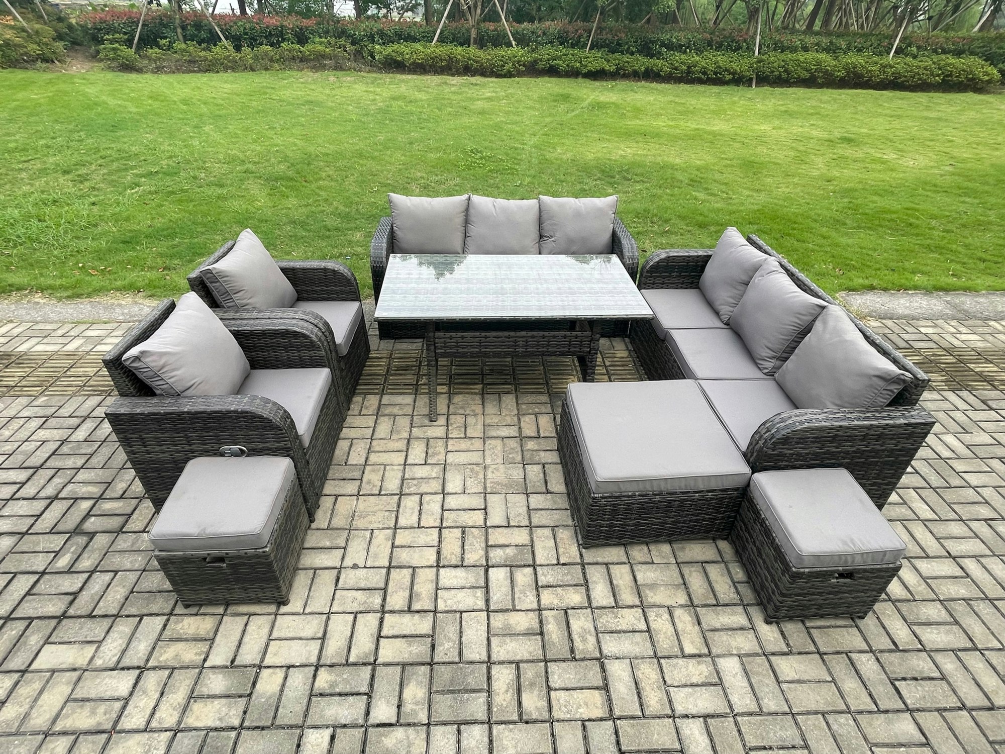 Rackhams Dark/Grey Mixed Rattan Outdoor Lounge Set - Oblong/Rectangular Dining Table, Adjustable Chair & 3 Footstools
