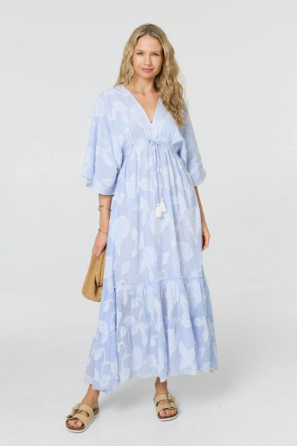 Izabel London Blue Floral Textured 3/4 Sleeve Maxi Dress - 10