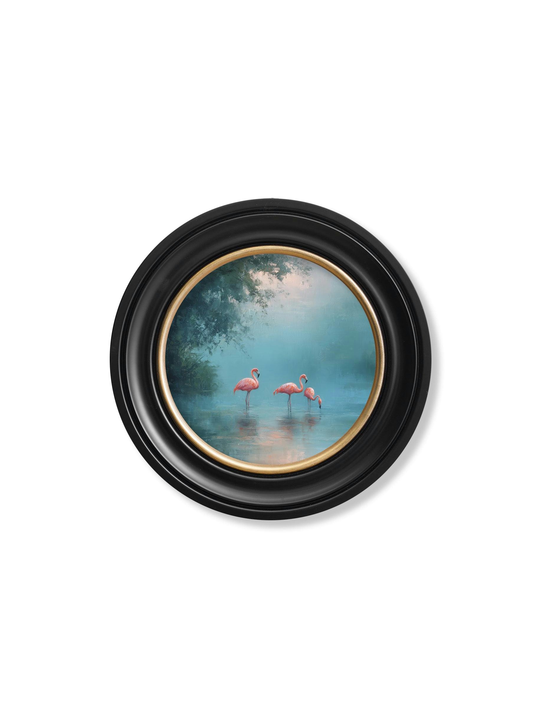Rackhams Blue/Pink/Black Misty Lake Flamingos - Oxford Round Frame - Misty Lake Flamingos - 44 X 44Cm