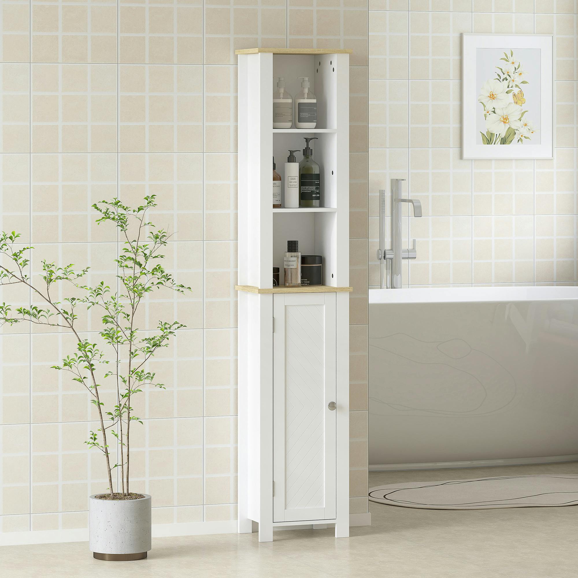 Rackhams White Slim Bathroom Storage Unit With Open Compartment, - Slim Bathroom Storage Unit - Mdf, Particle Board